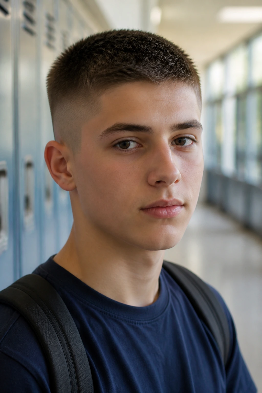 Close-up teen portrait with classic crew cut in a school hallway