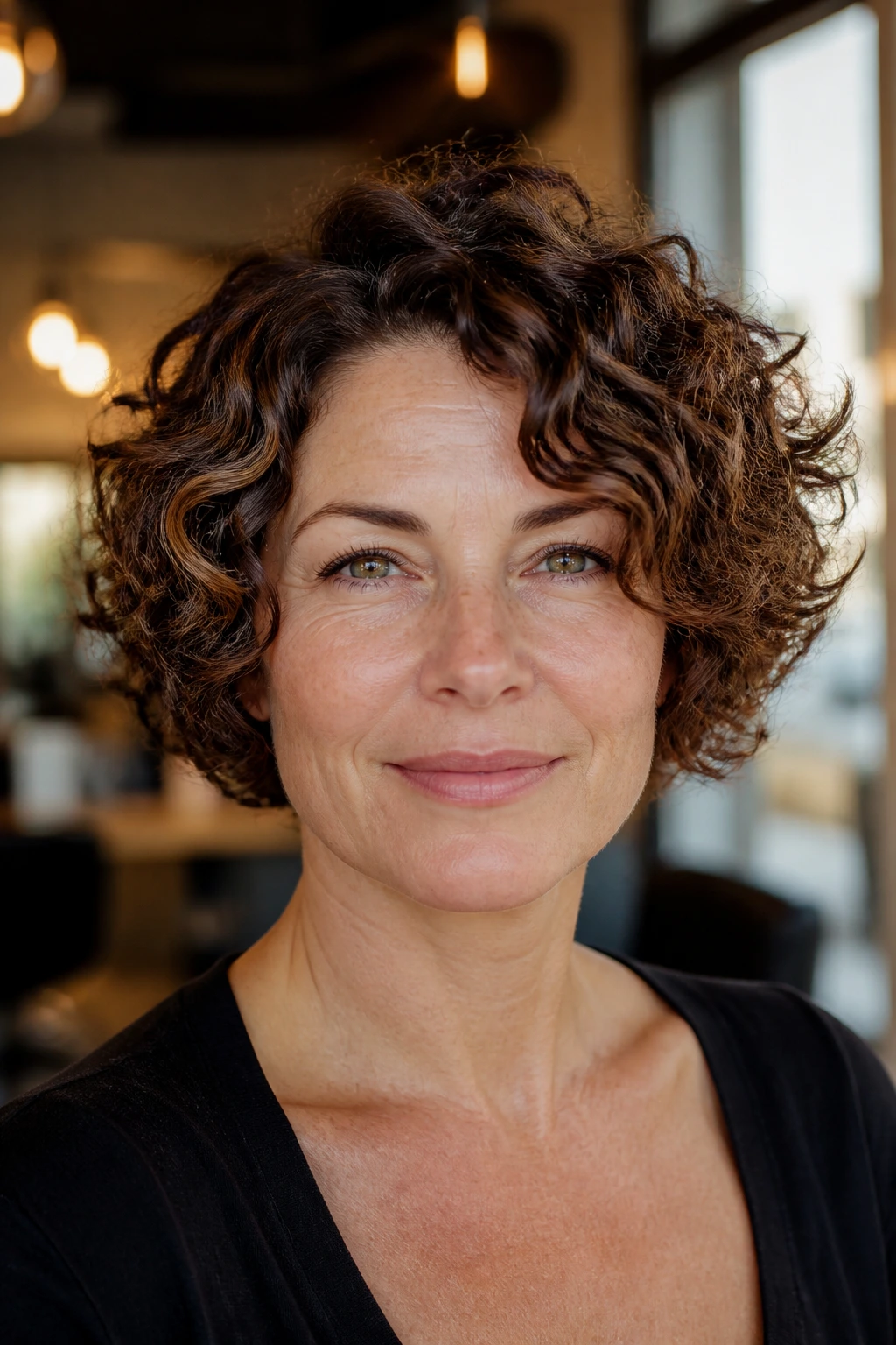 Portrait of a real person with a classic curly stacked bob in a warm salon setting.