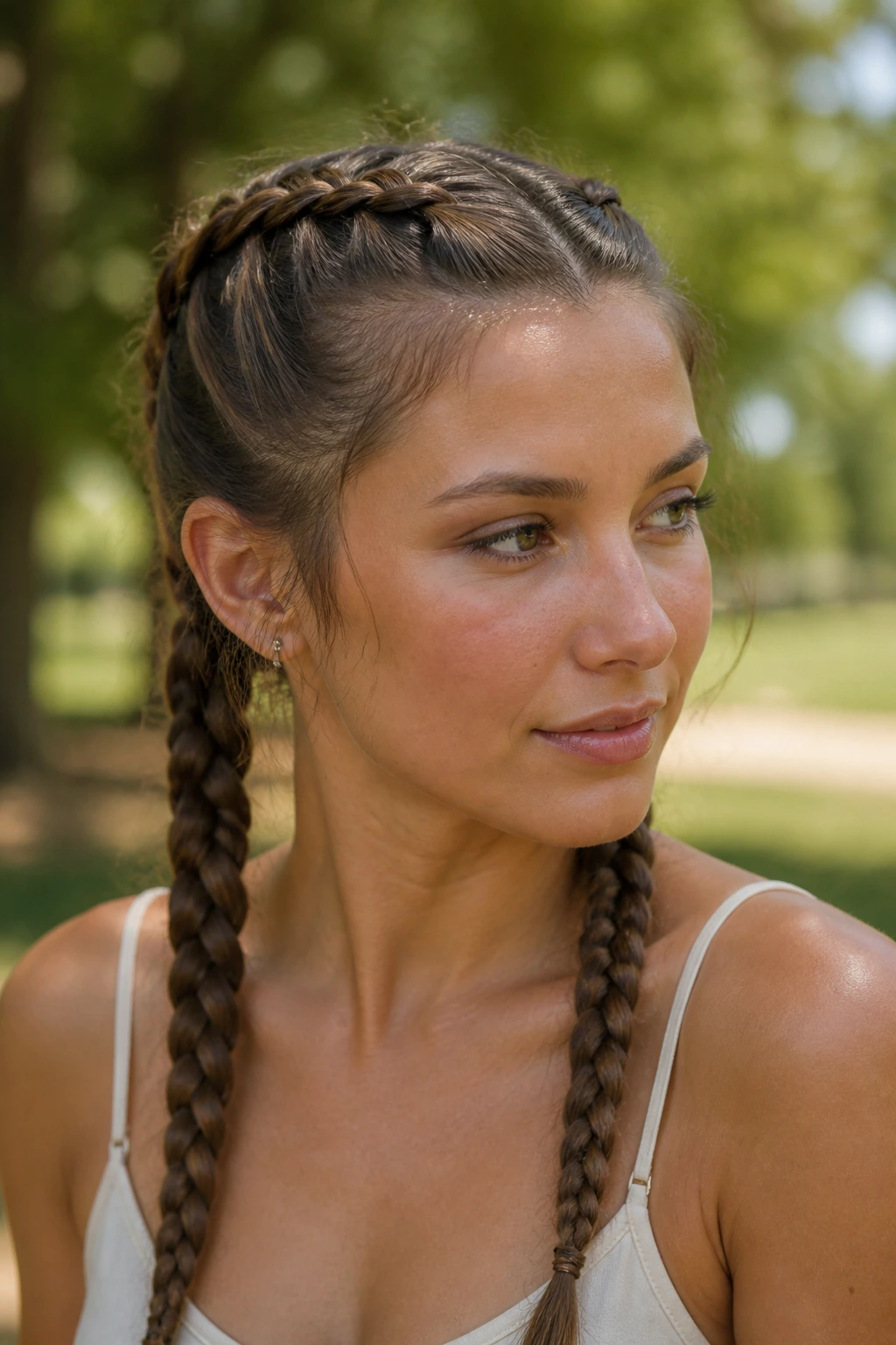 Close-up portrait of a real woman with two Dutch braids along the scalp in natural morning light