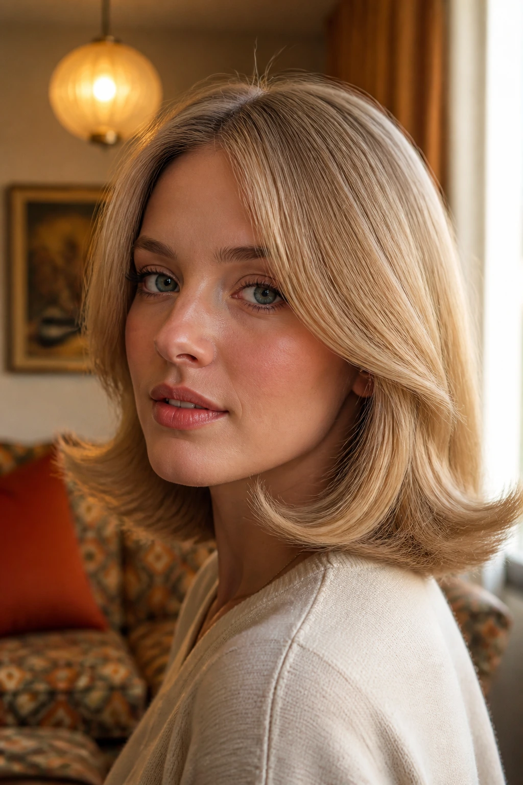 Close-up portrait of a real woman with a classic flip hairstyle featuring outward flipped ends.