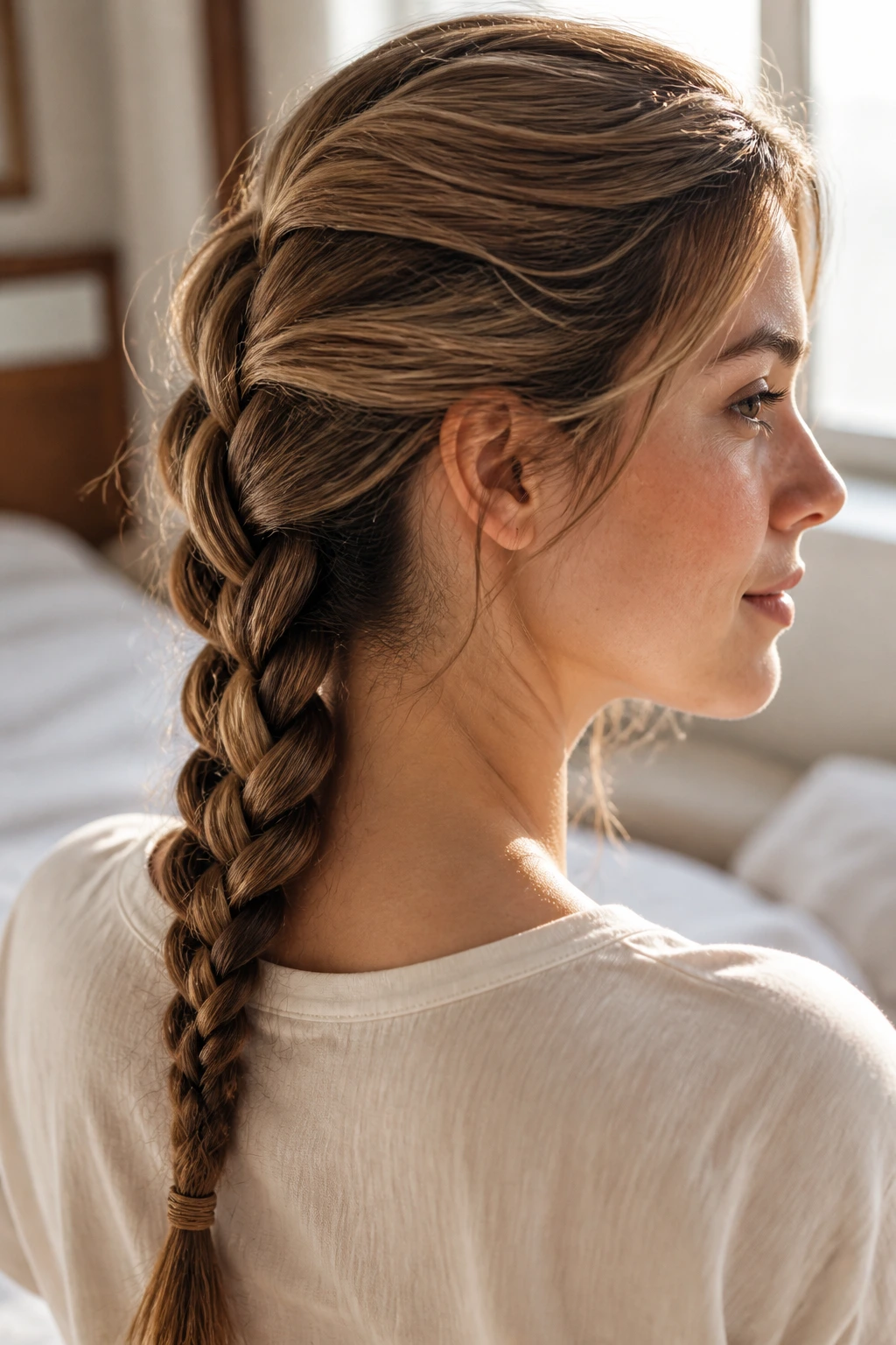 Close-up of a real woman with a wide four-strand plait along the back of her head