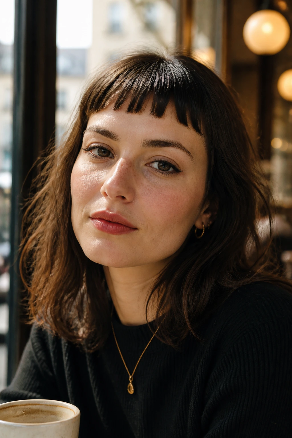 Close-up of a woman with soft, piecey Classic French Baby Bangs above the eyebrows in a sunlit cafe setting.