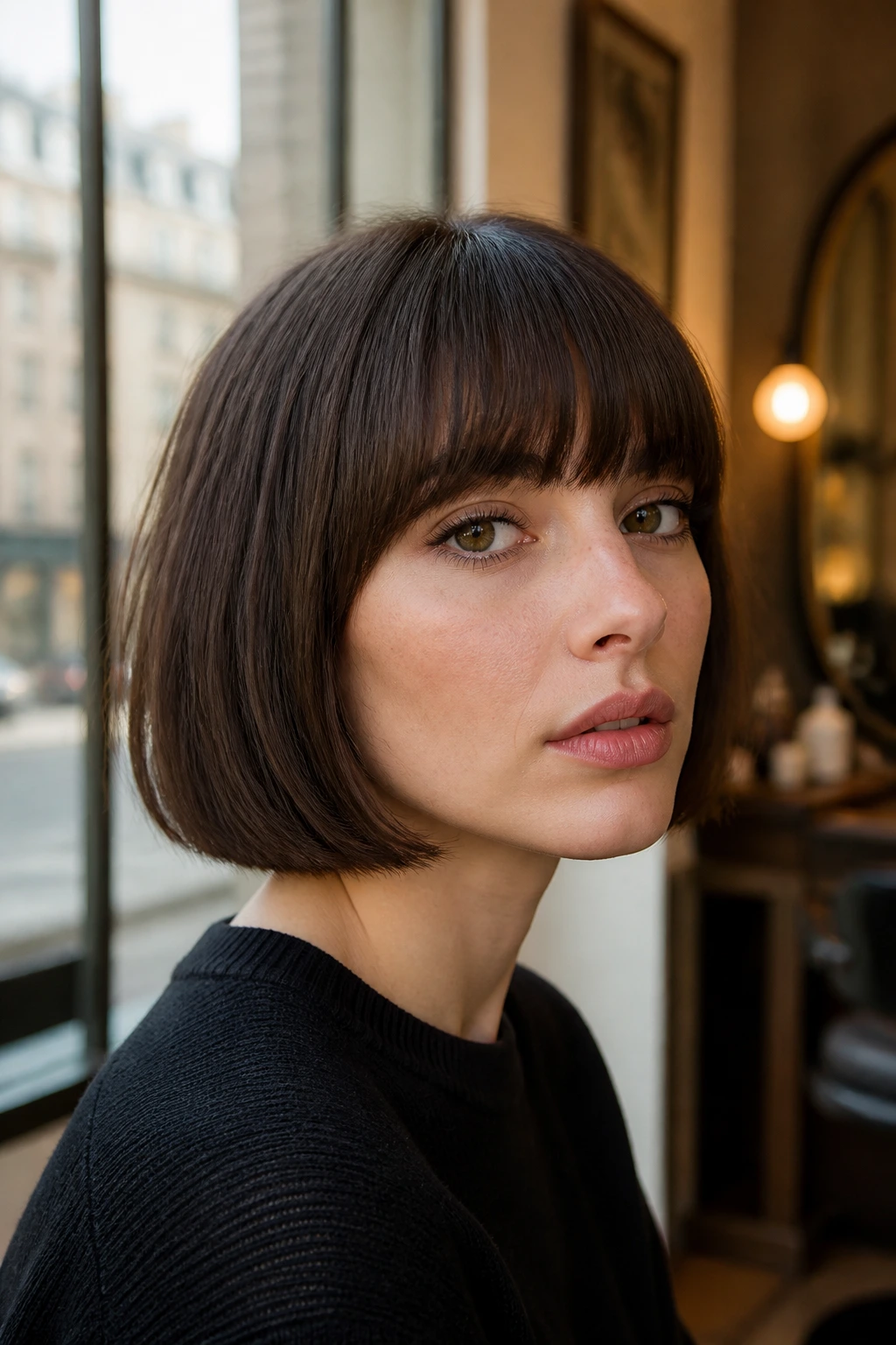 Close-up of a real woman with a blunt jaw-length Classic French Bob and brow-skimming fringe in a Parisian salon