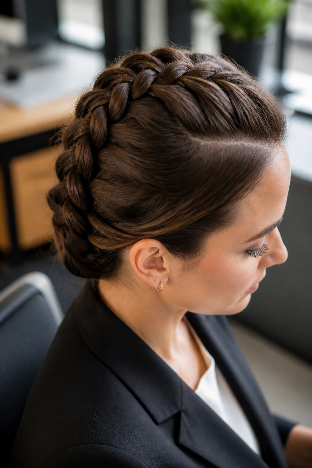 Side profile of a real woman with a classic French braid and faux-bob look