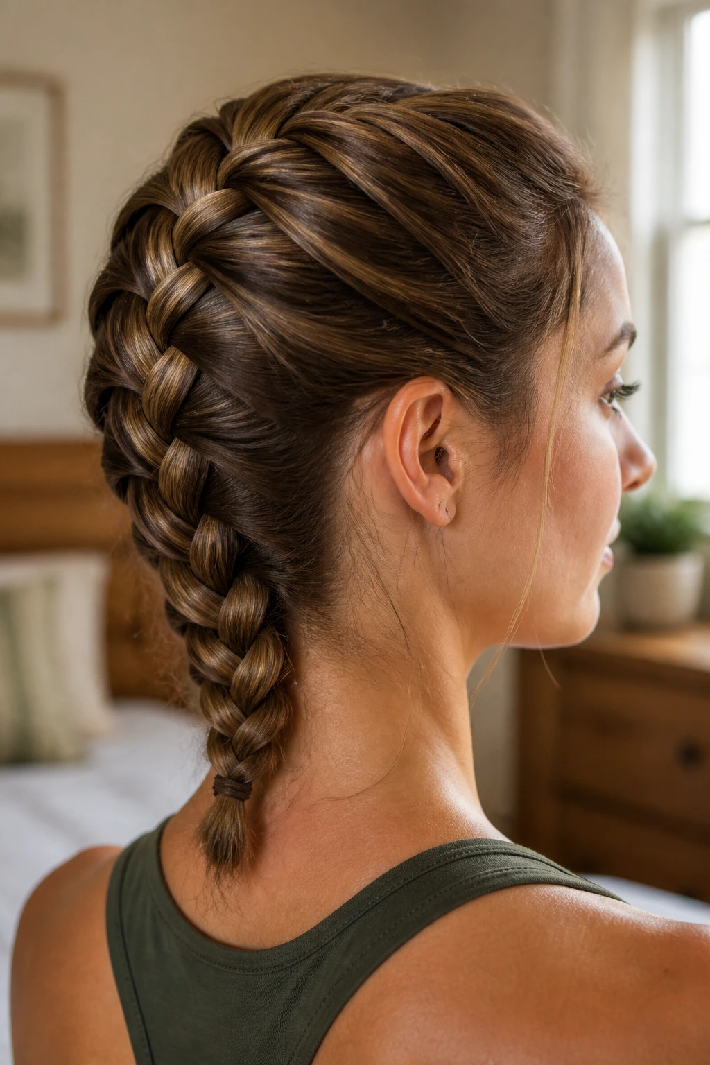 Close-up of a real woman's Classic French Braid in warm window light