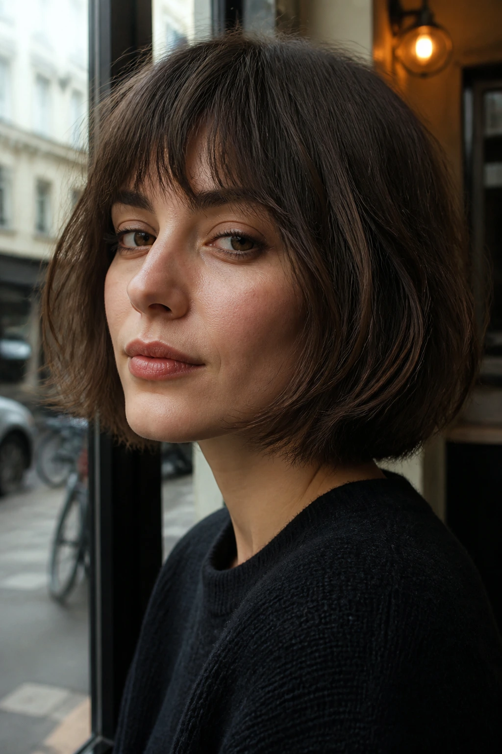 Close-up of real woman with classic French-girl bob and wispy bangs in cafe lighting