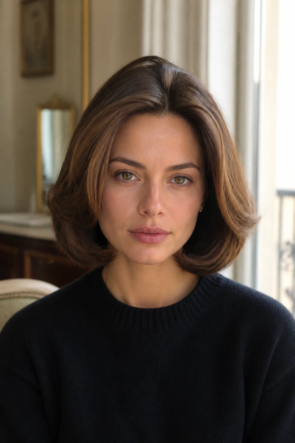 Close-up portrait of a woman with collarbone-length hair curling inward