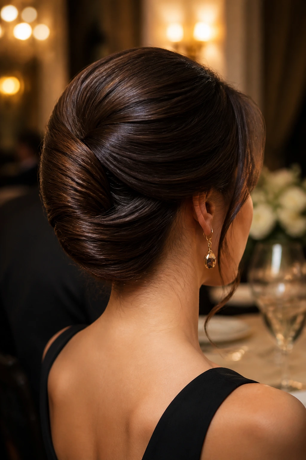 Back/3/4 view of a classic French twist on a real person with chocolate brown hair.
