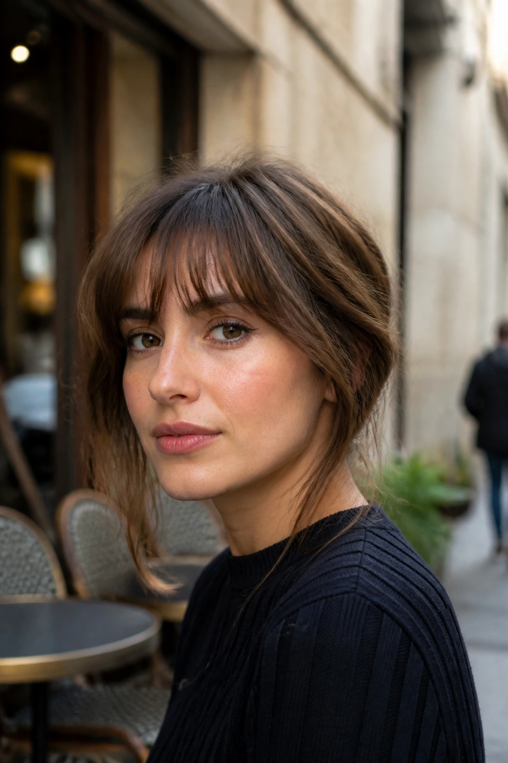 Close-up of a real woman with a light French girl fringe in Parisian street light.