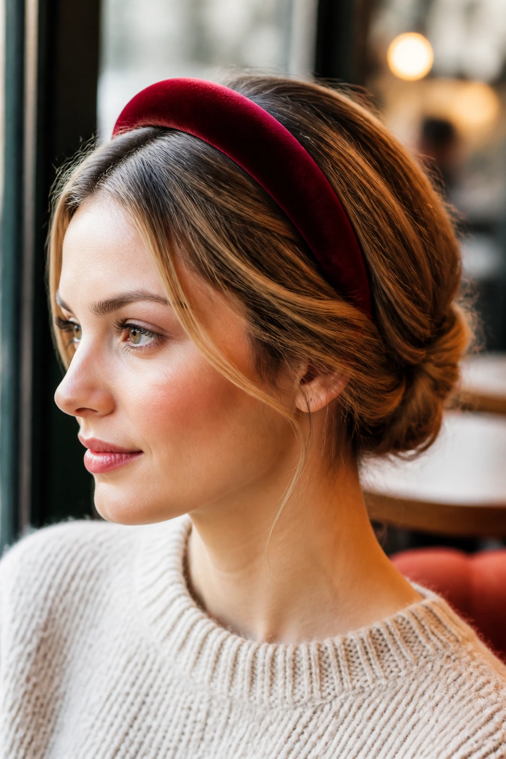 Close-up of a woman with a velvet headband and tucked hair.