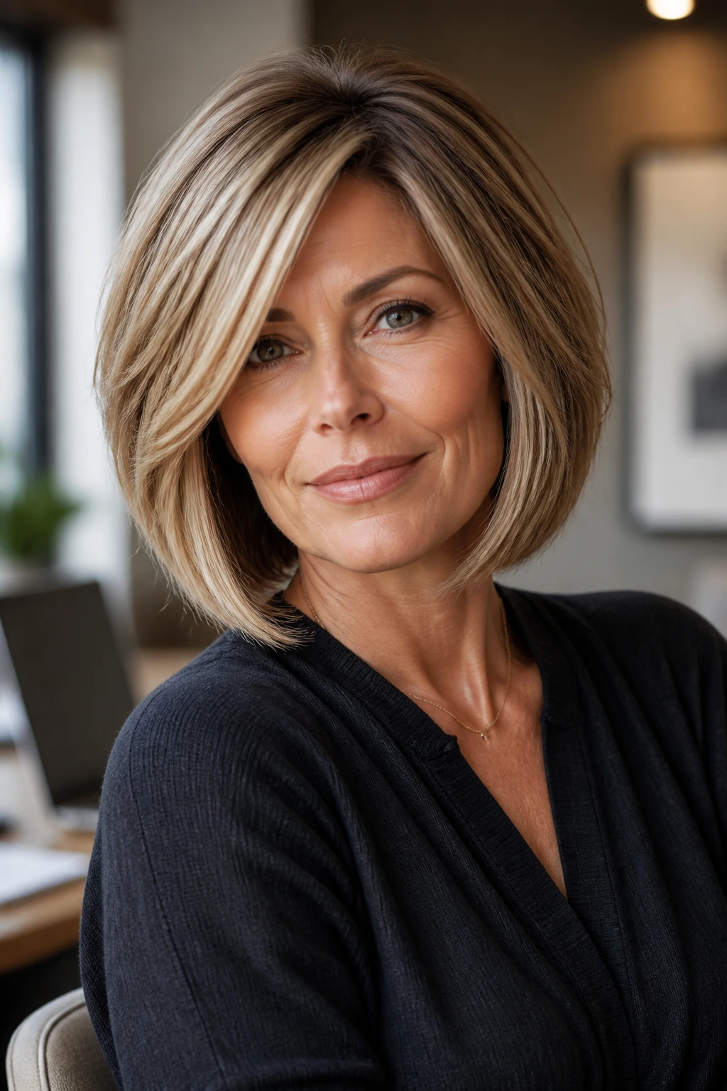 Close-up of a real woman with a classic layered bob and side part