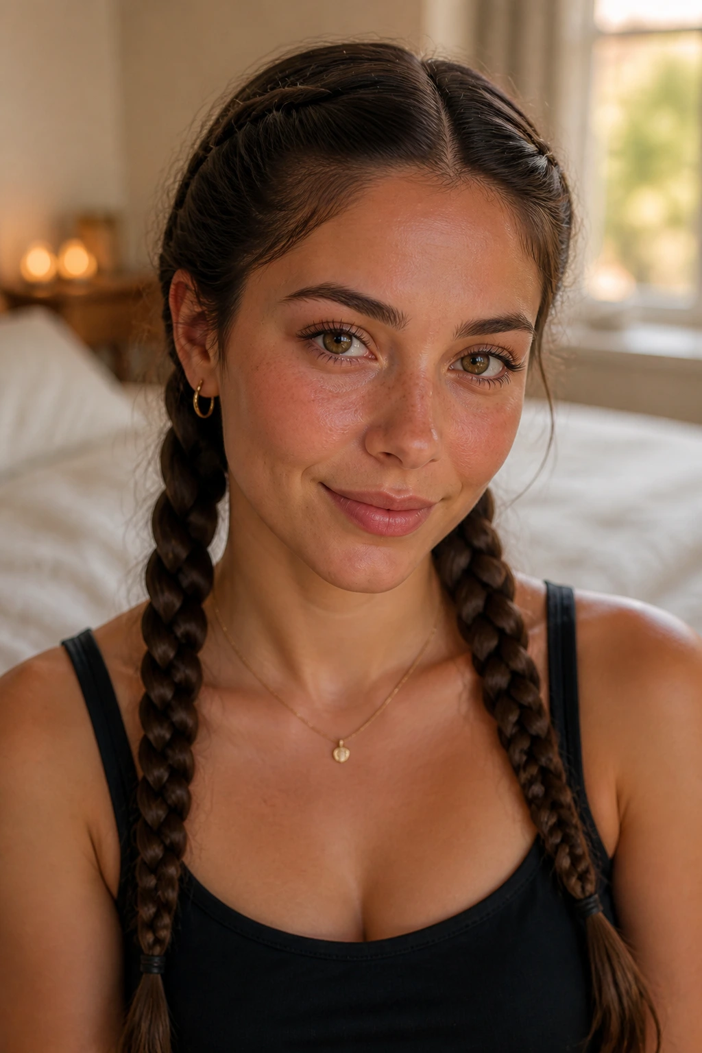 Close-up of a real woman with classic three-strand pigtails in soft window light