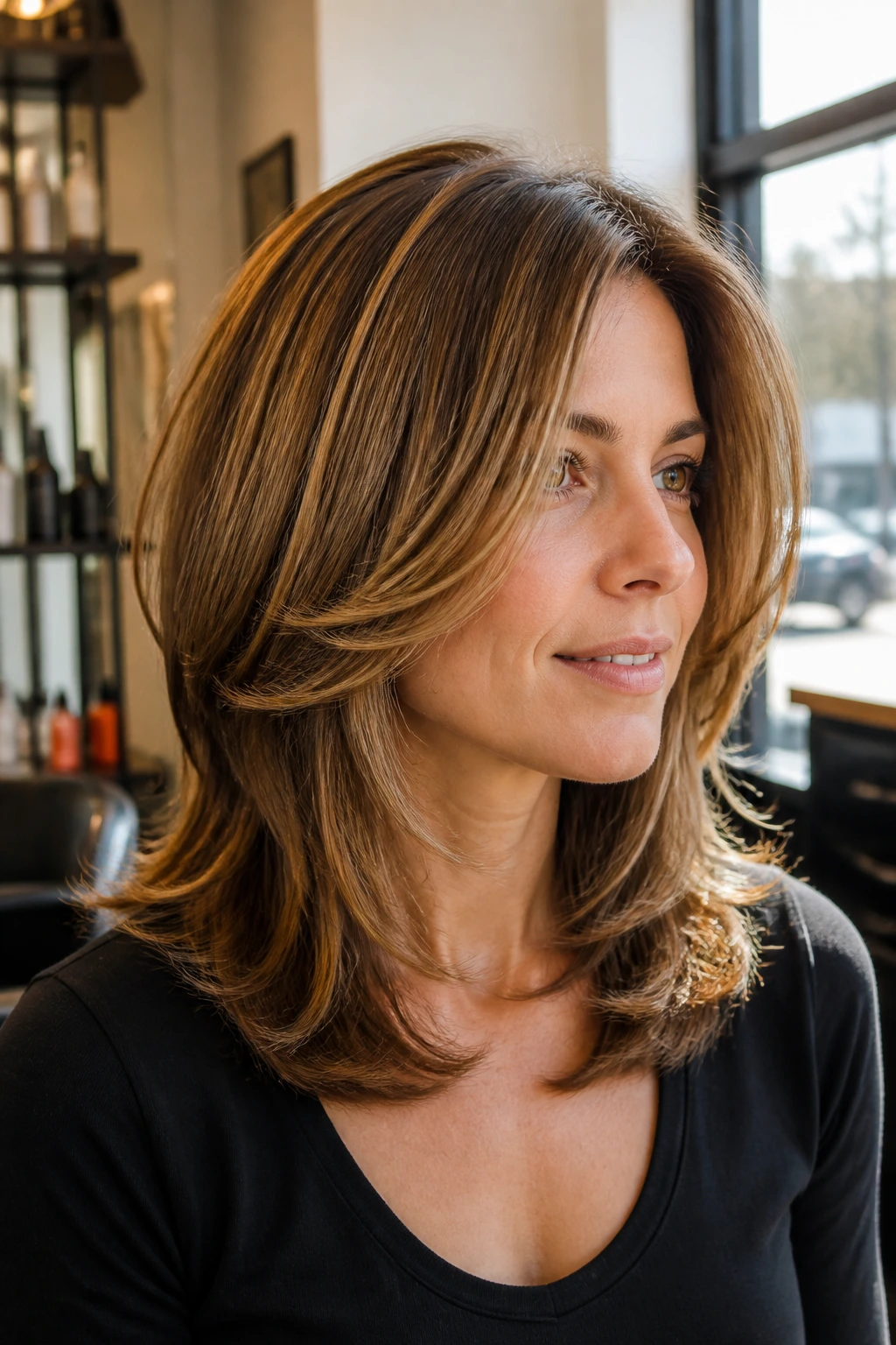 Close-up of Classic Rachel Cut on a real woman with mid-length textured layers curling toward the face