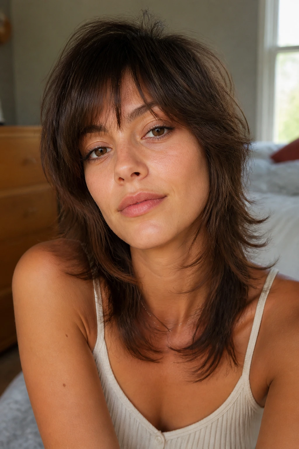 Close-up of a real woman with a classic shag hairstyle showing crown layers and wispy ends