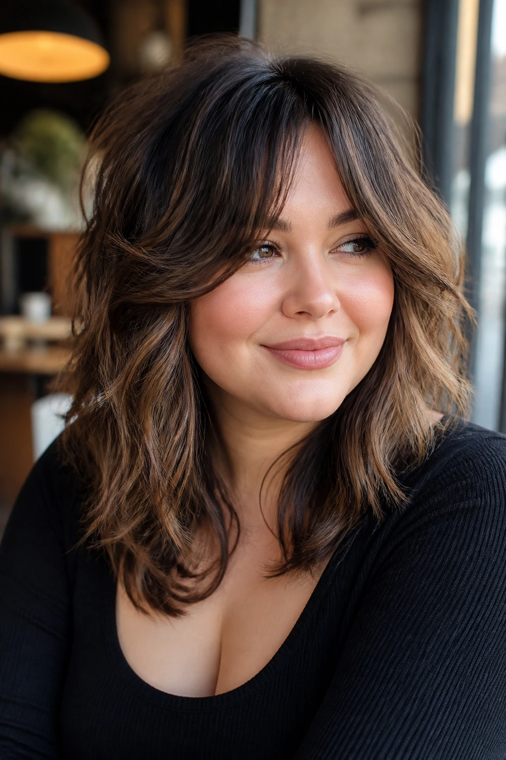 Portrait of woman with shag haircut and curtain bangs