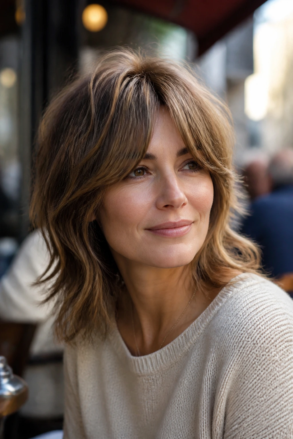 Portrait of a woman with classic shag and curtain fringe in daylight outside a cafe