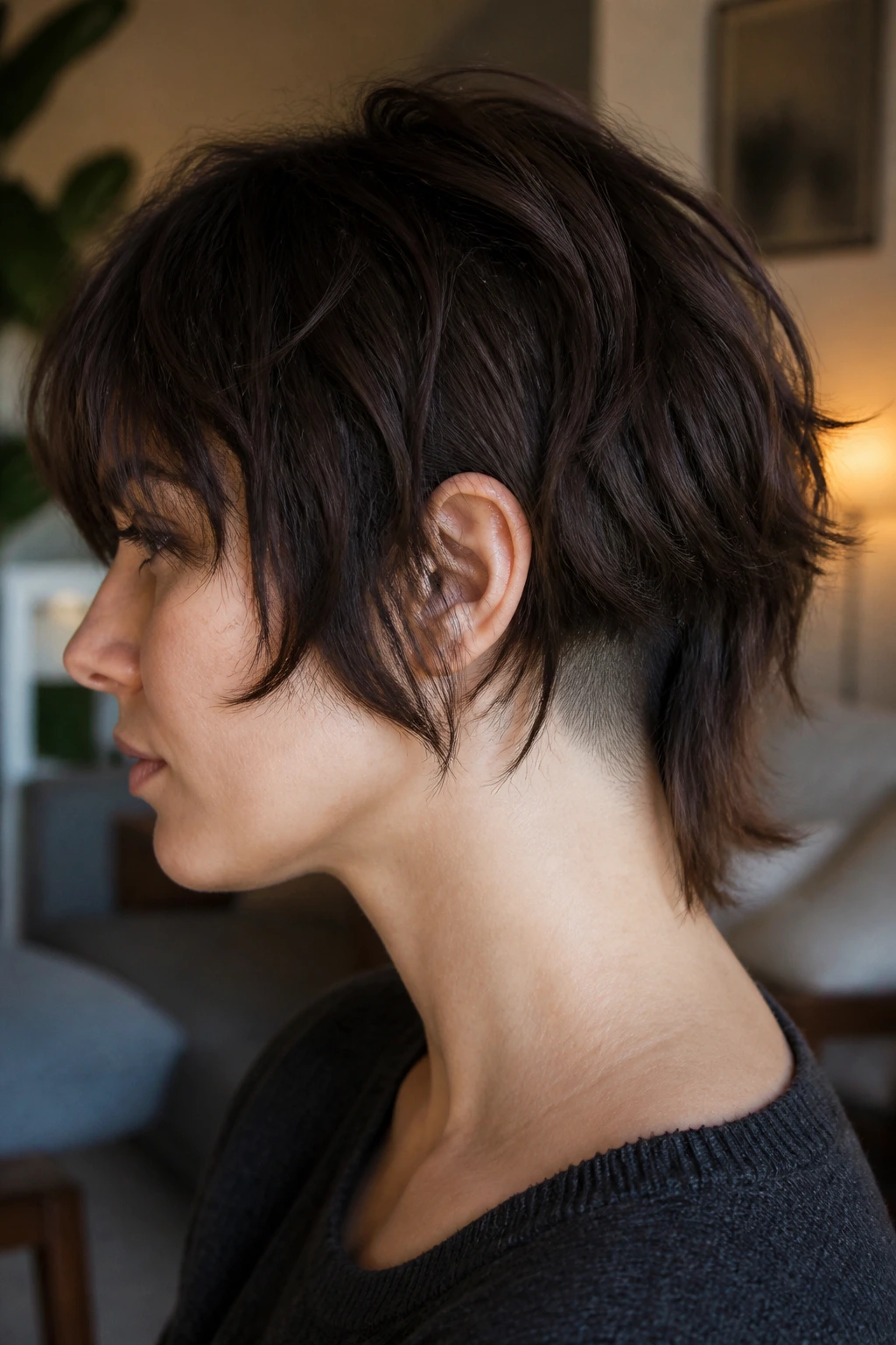 Close-up profile of a person with a shag hairstyle and hidden shaved nape in a warm living room.