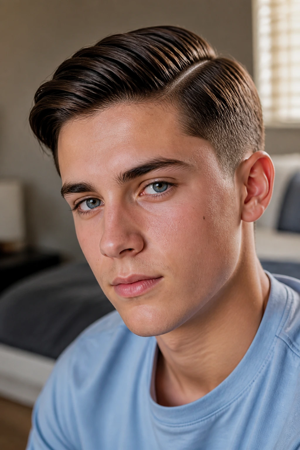 Close-up of teen with classic side part hairstyle showing sharp line and tapered sides