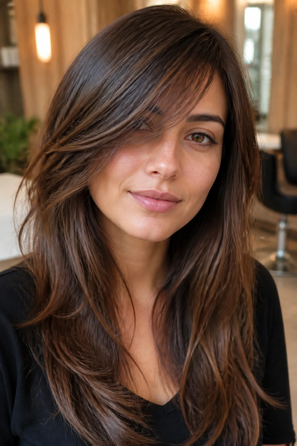 Close-up of a person wearing classic side-swept bangs with long layers