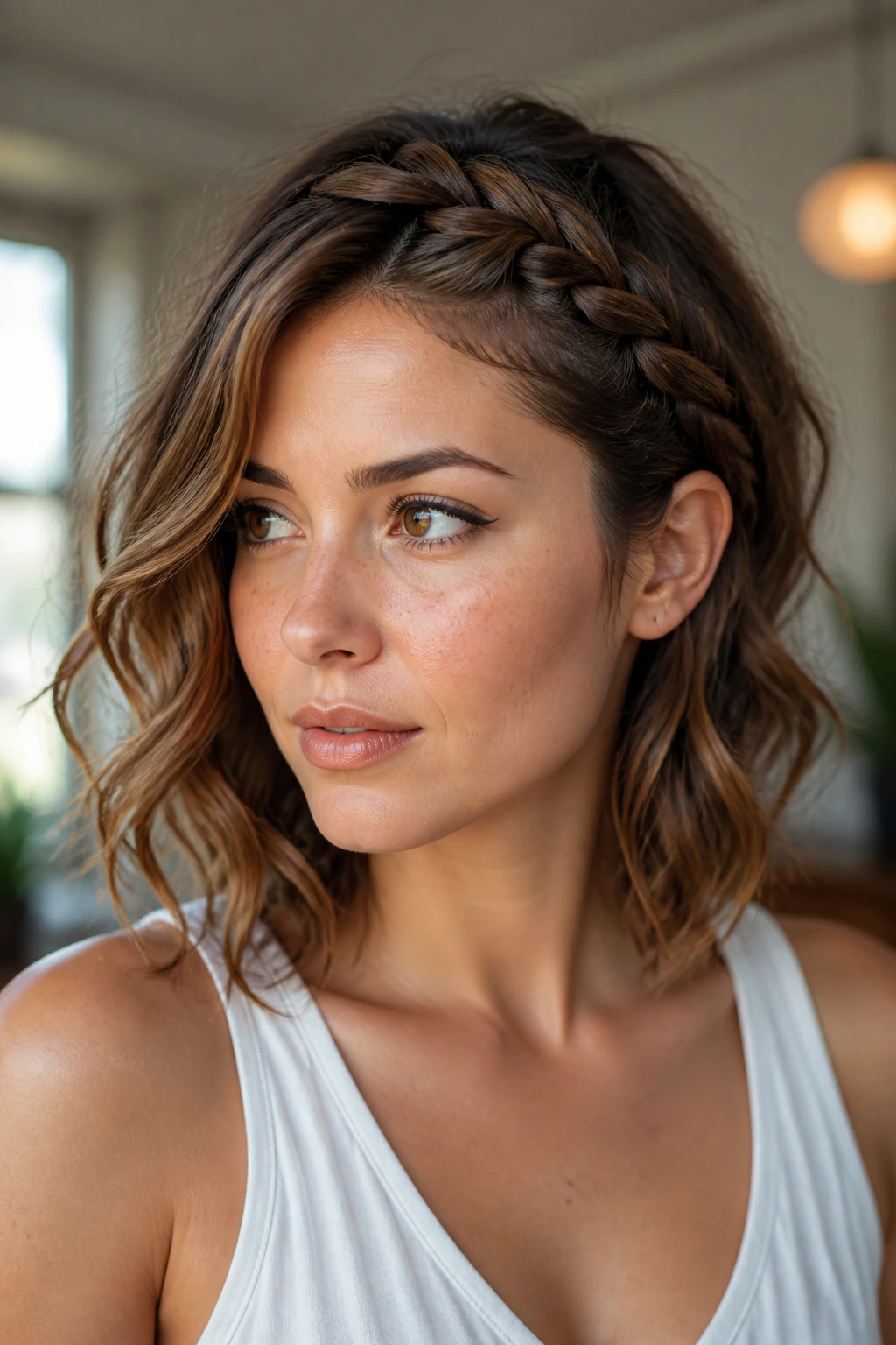 Close-up portrait of a real woman with a classic side-swept French braid