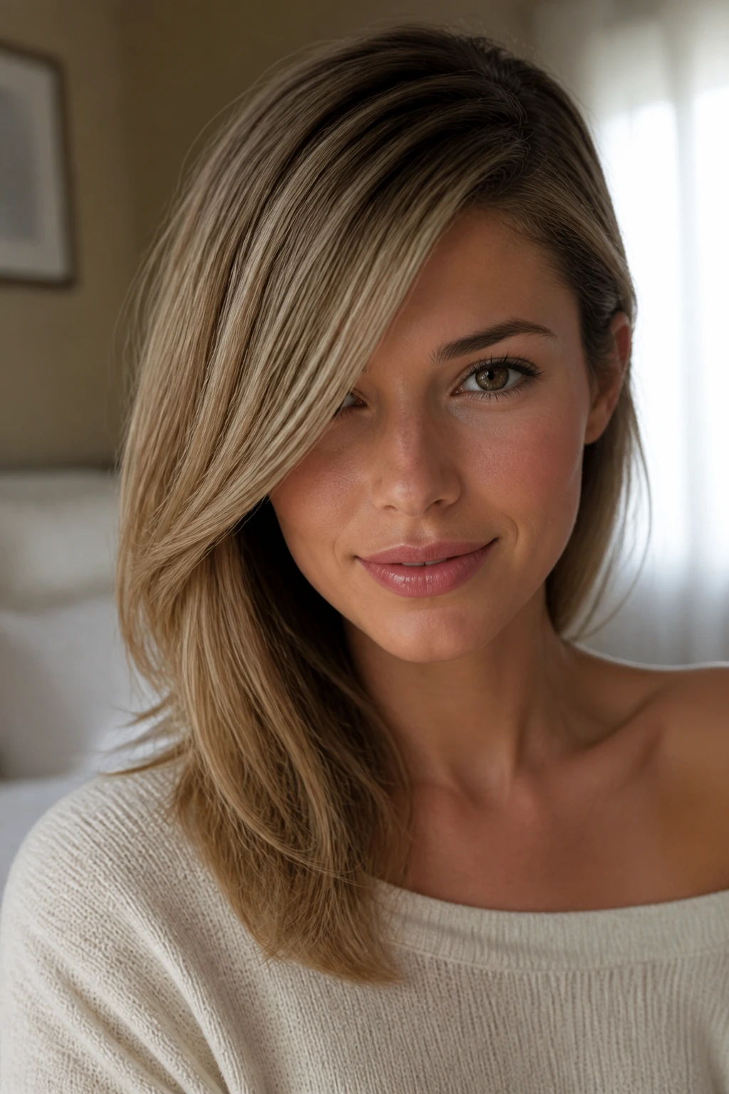 Close-up portrait of a woman with classic side-swept fringe.