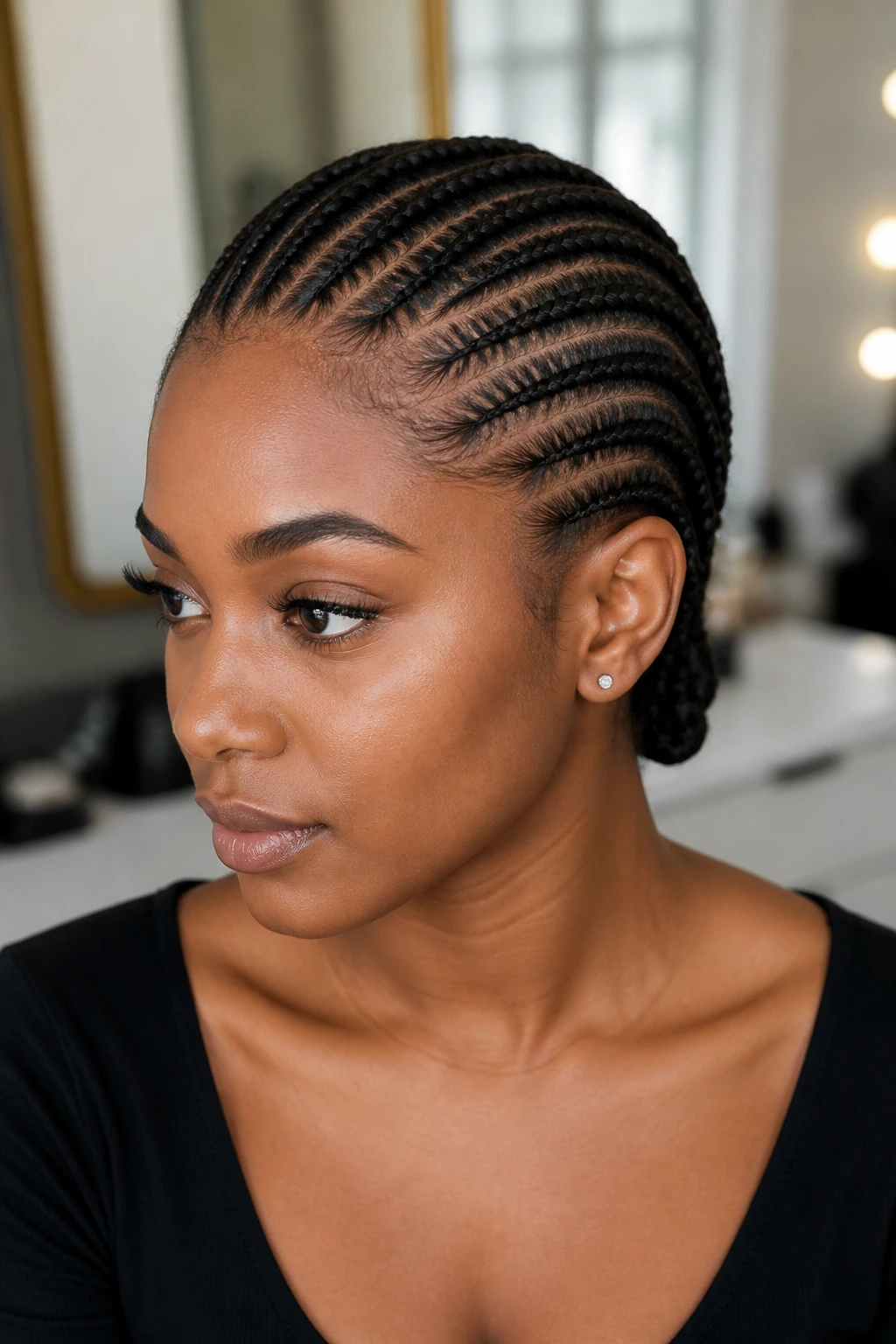 Close-up of a real person with classic straight-back cornrows from hairline to nape