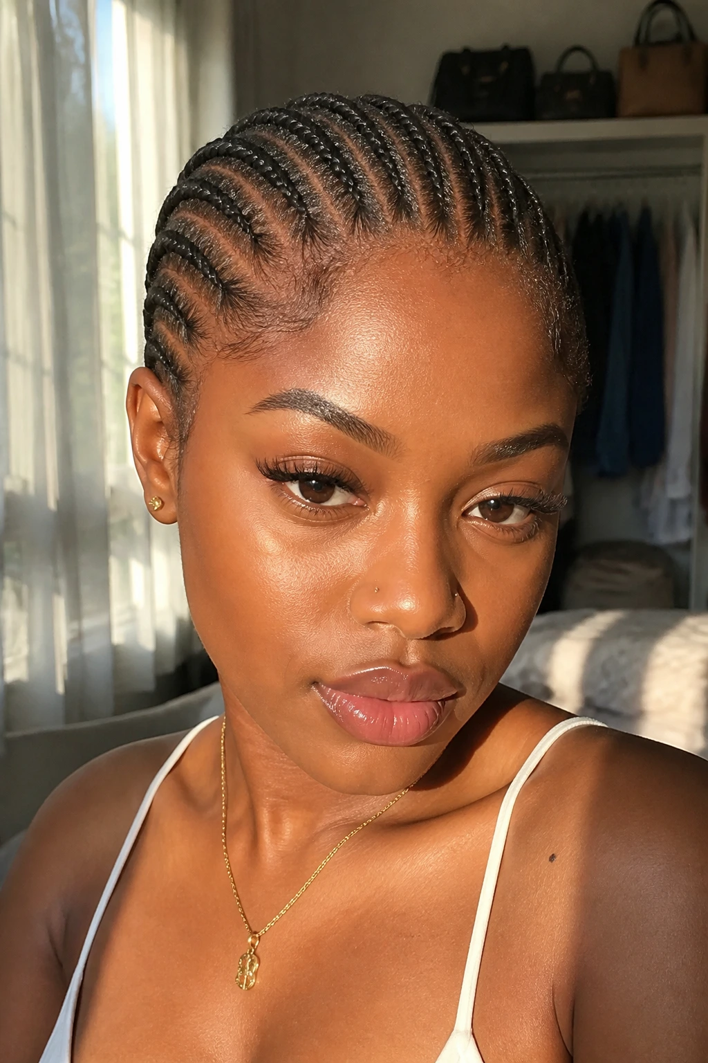 Close-up of a real woman with classic straight-back Ghana braids in a sunlit bedroom