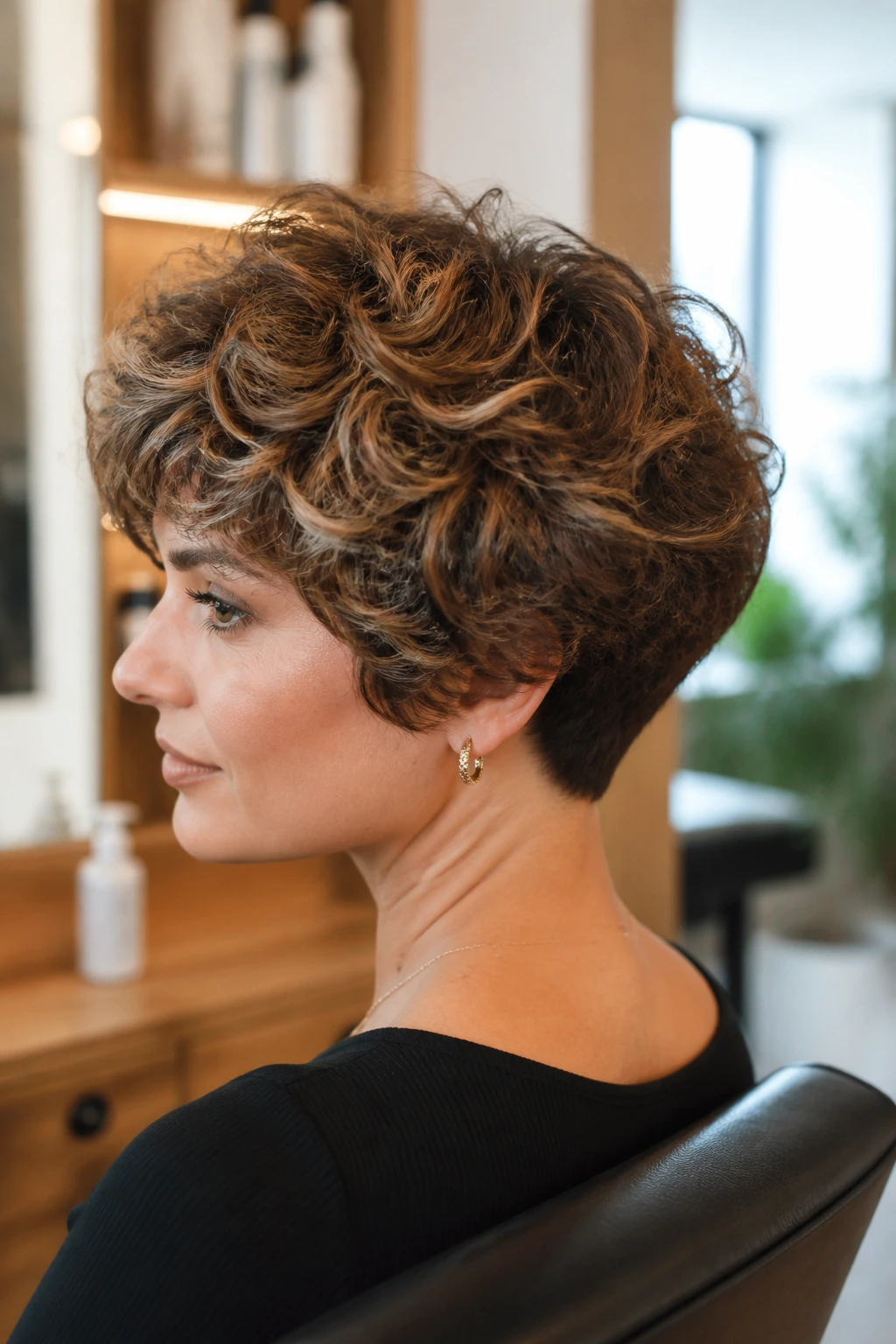 Close-up of a real woman showcasing The Classic Precision Wedge hairstyle in a sunlit salon