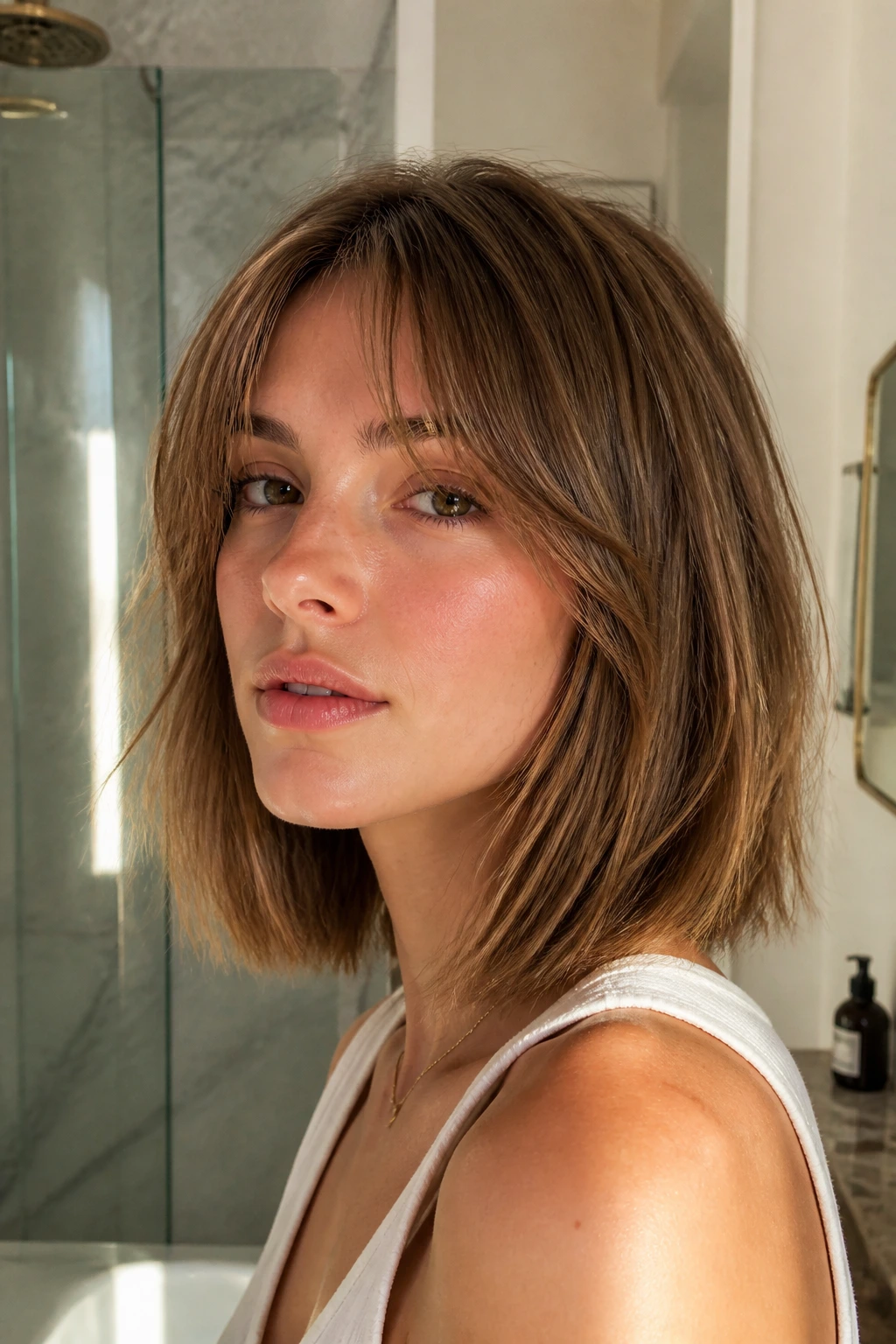 Close-up of a real person with a clavi-cut bob and face-framing bangs.