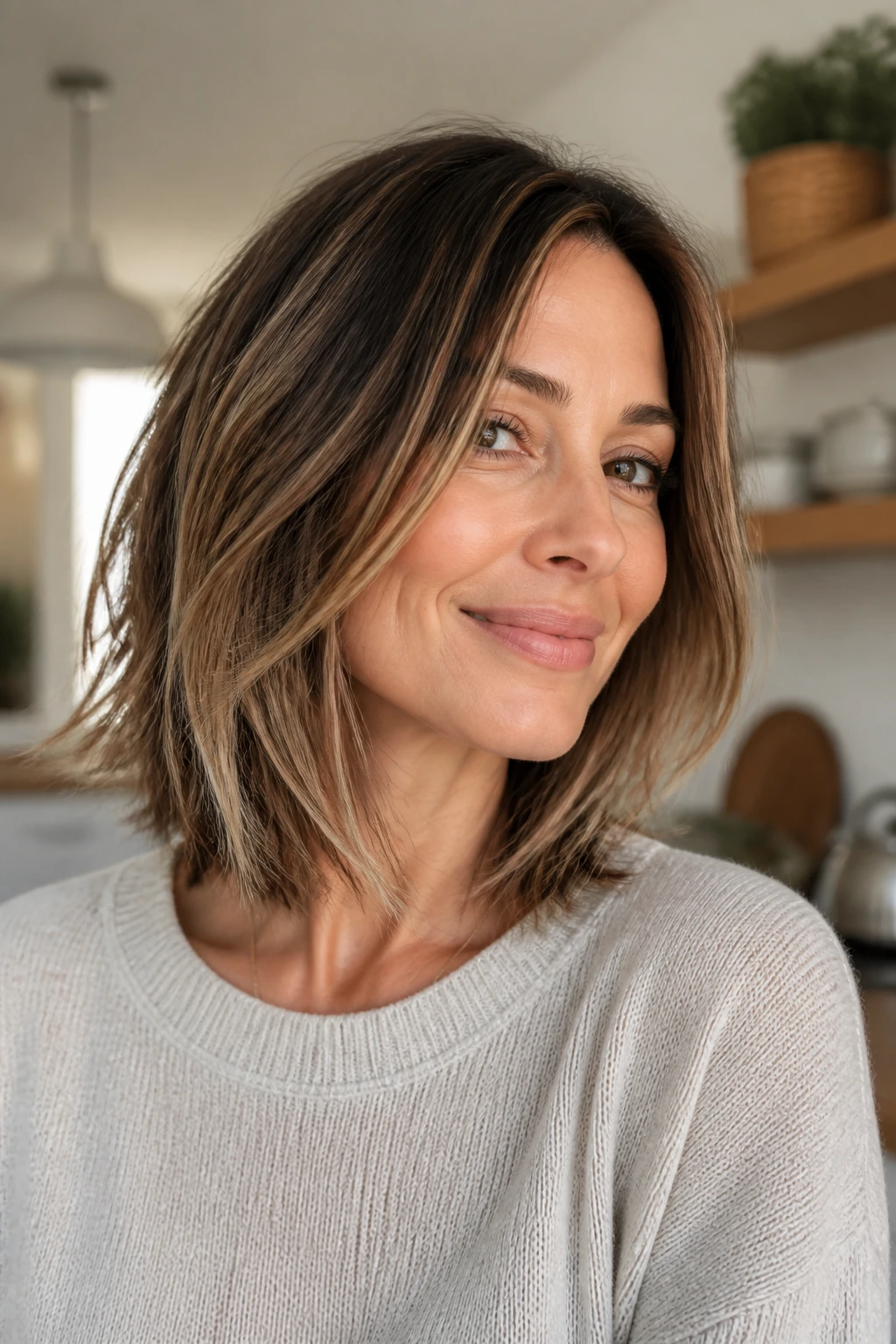 Close-up of clavicle-length textured haircut on a real woman
