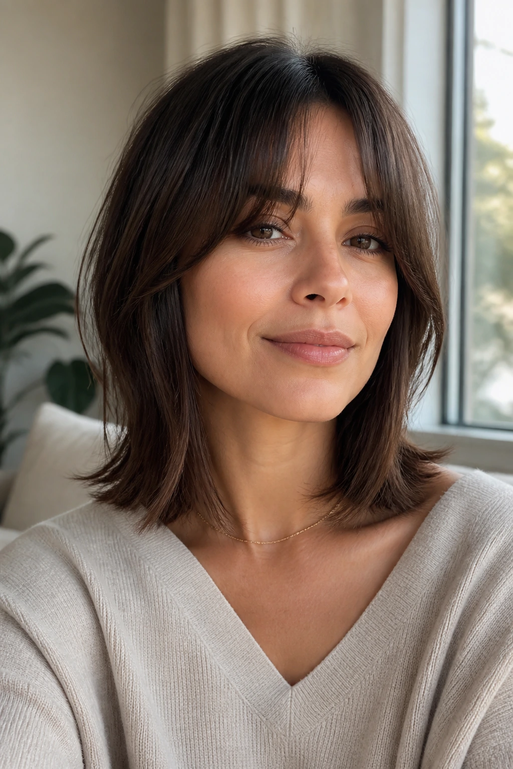 Close-up of clavicle-length cut with soft curtain bangs on a real person