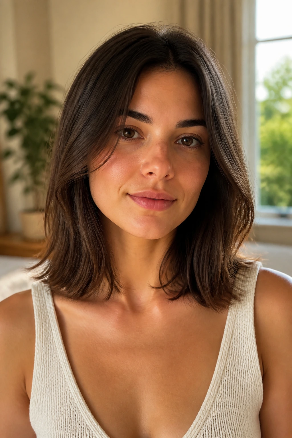 Close-up of clavicle-length haircut with soft bottom layers on a real woman.
