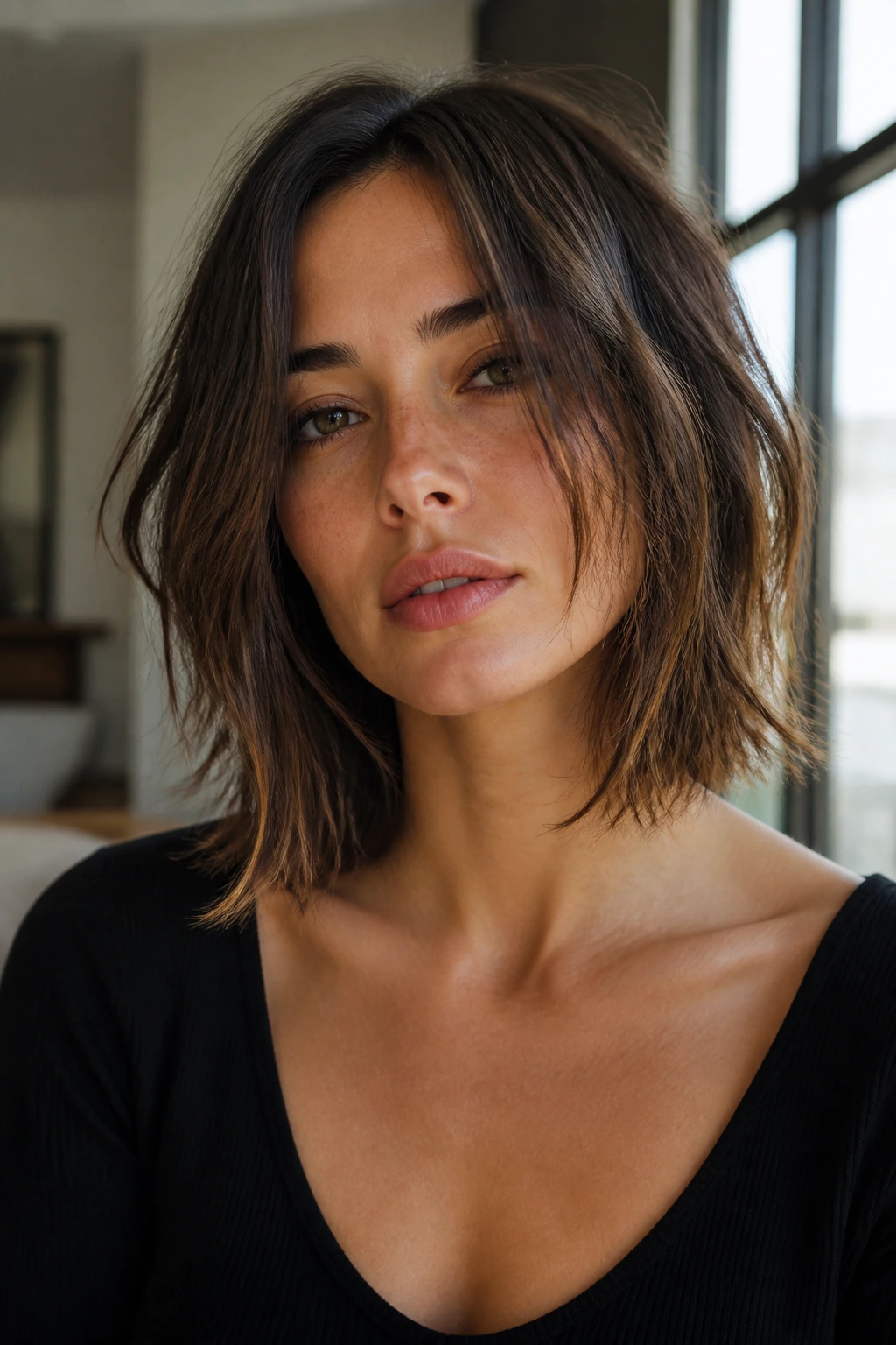 Close-up portrait of a real woman with clavicle-length razored bob in window light.