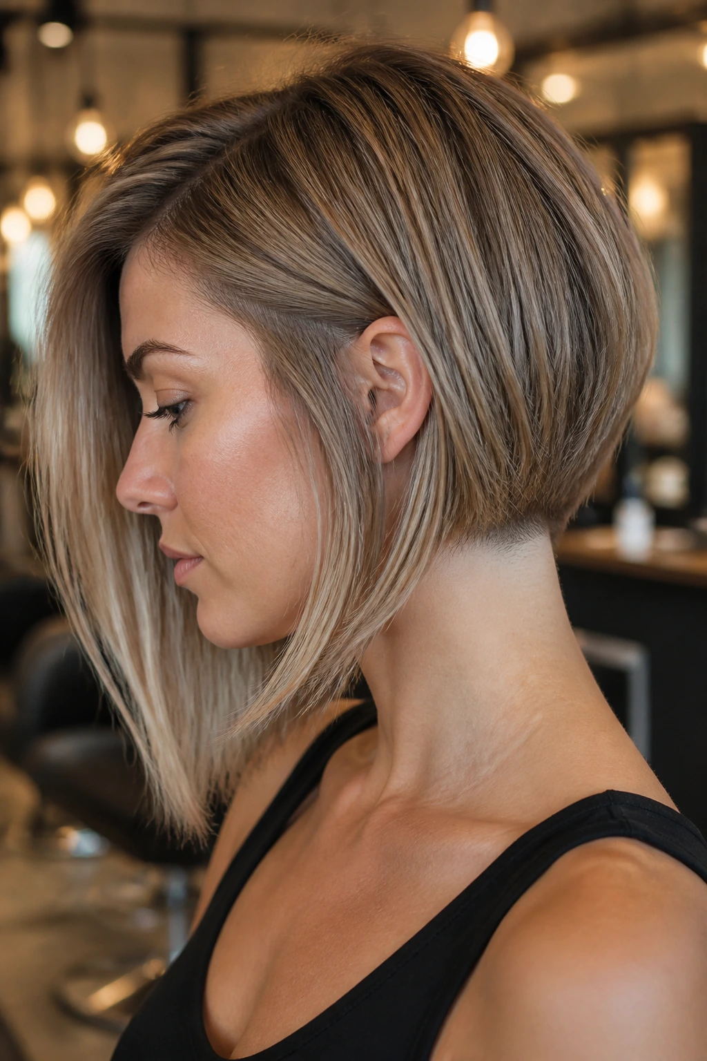 Close-up portrait of a woman with clavicle-length undercut lob in a salon setting