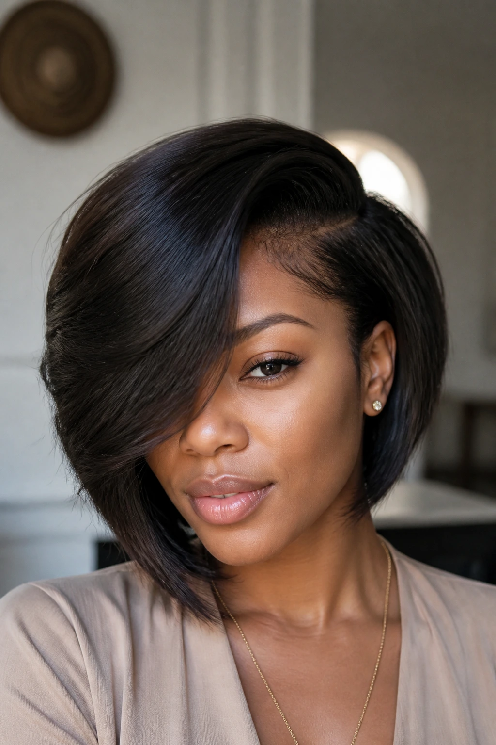 Real woman with asymmetric bob and deep-parted bangs in soft daylight