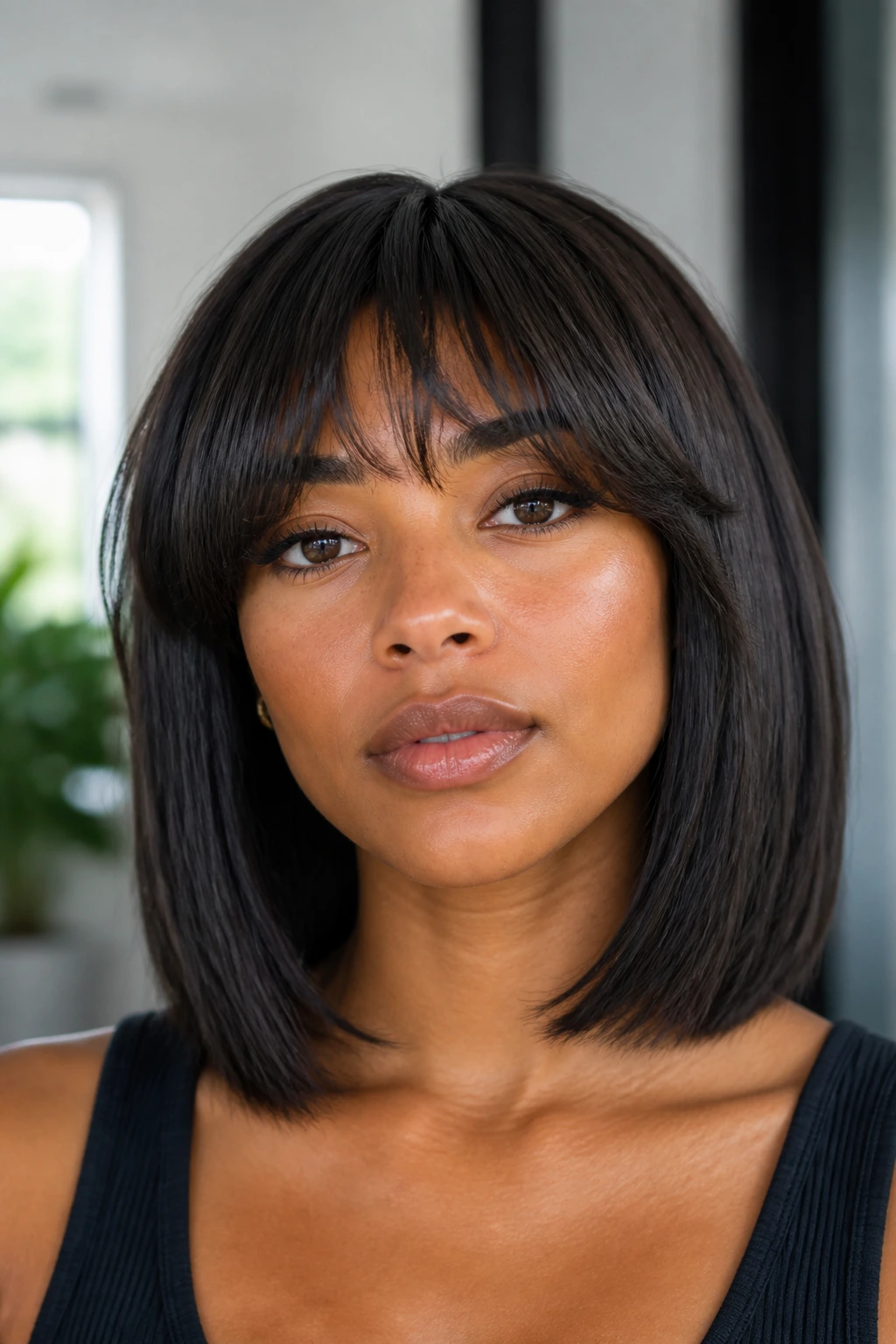 Close-up of a real woman with blunt clavicle-length lob and arched bangs in daylight