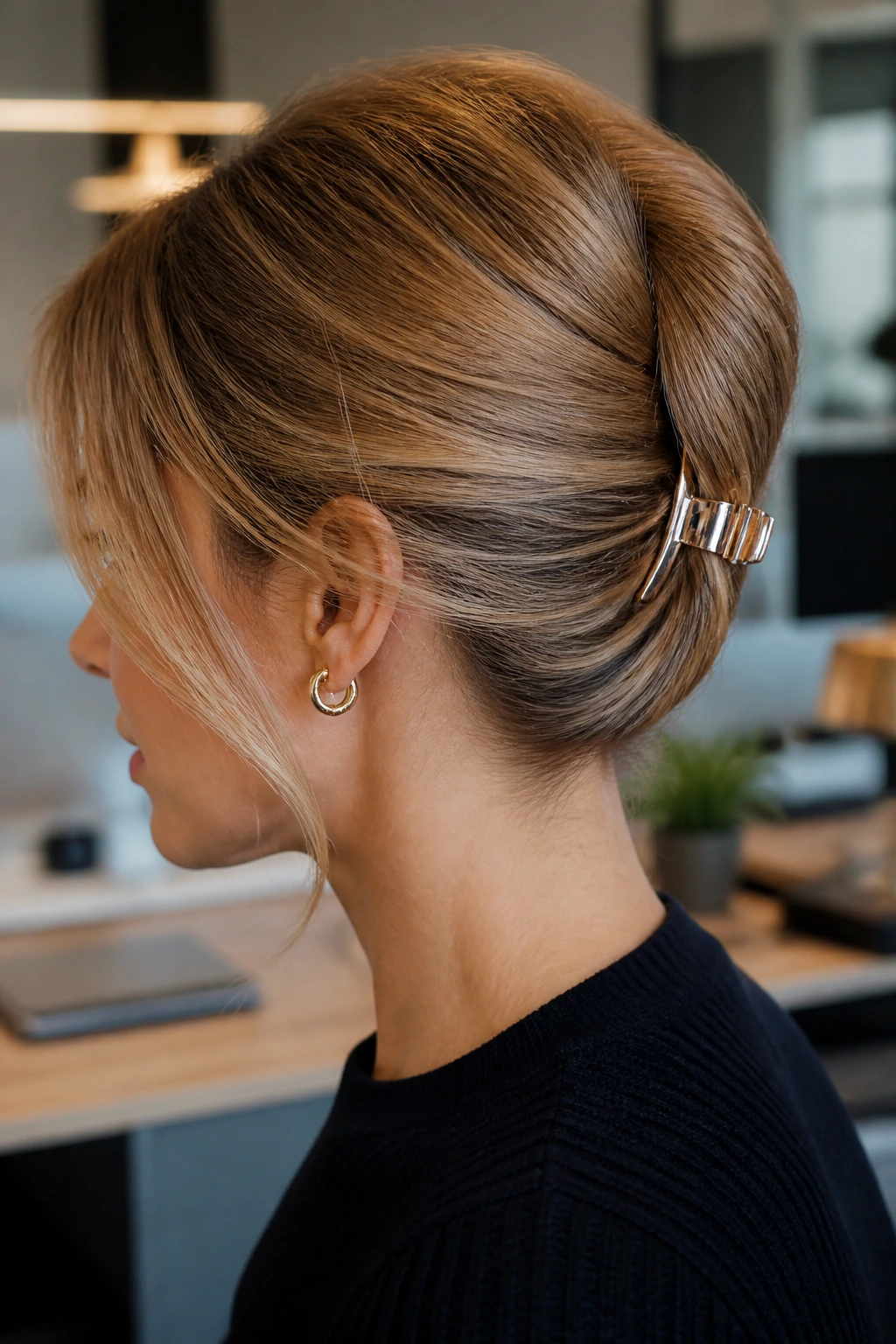 Real woman wearing a sleek metal claw clip tucking hair into a bun in a modern office
