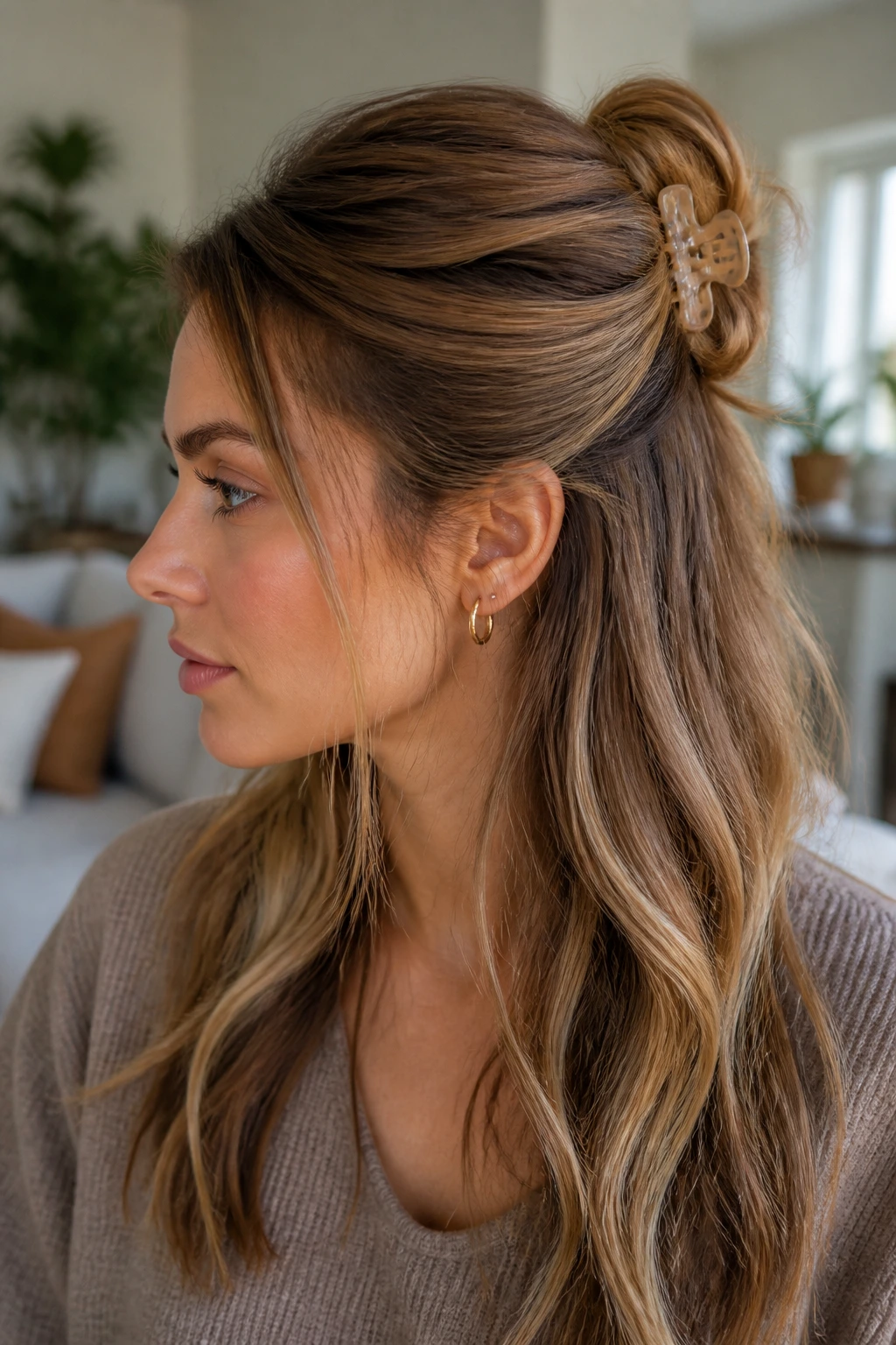 Real woman with half-down hairstyle secured by a claw clip, hair cascading over the clip.
