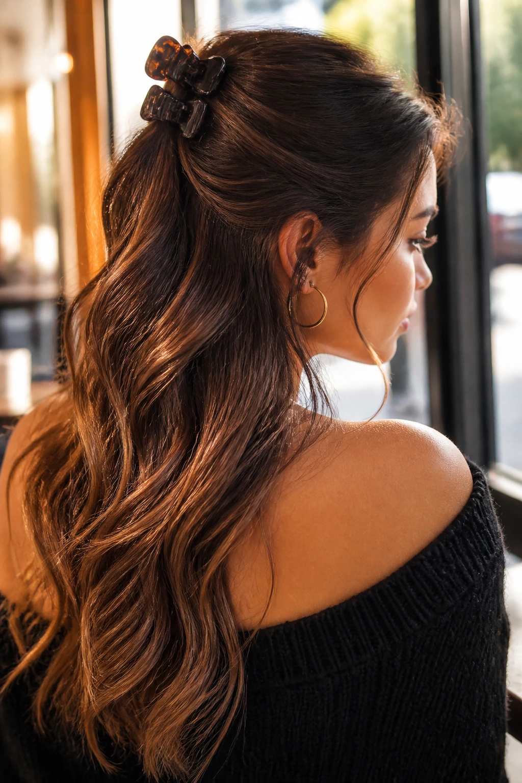 Portrait of real person with two-clip half-up cascade hairstyle in cafe light