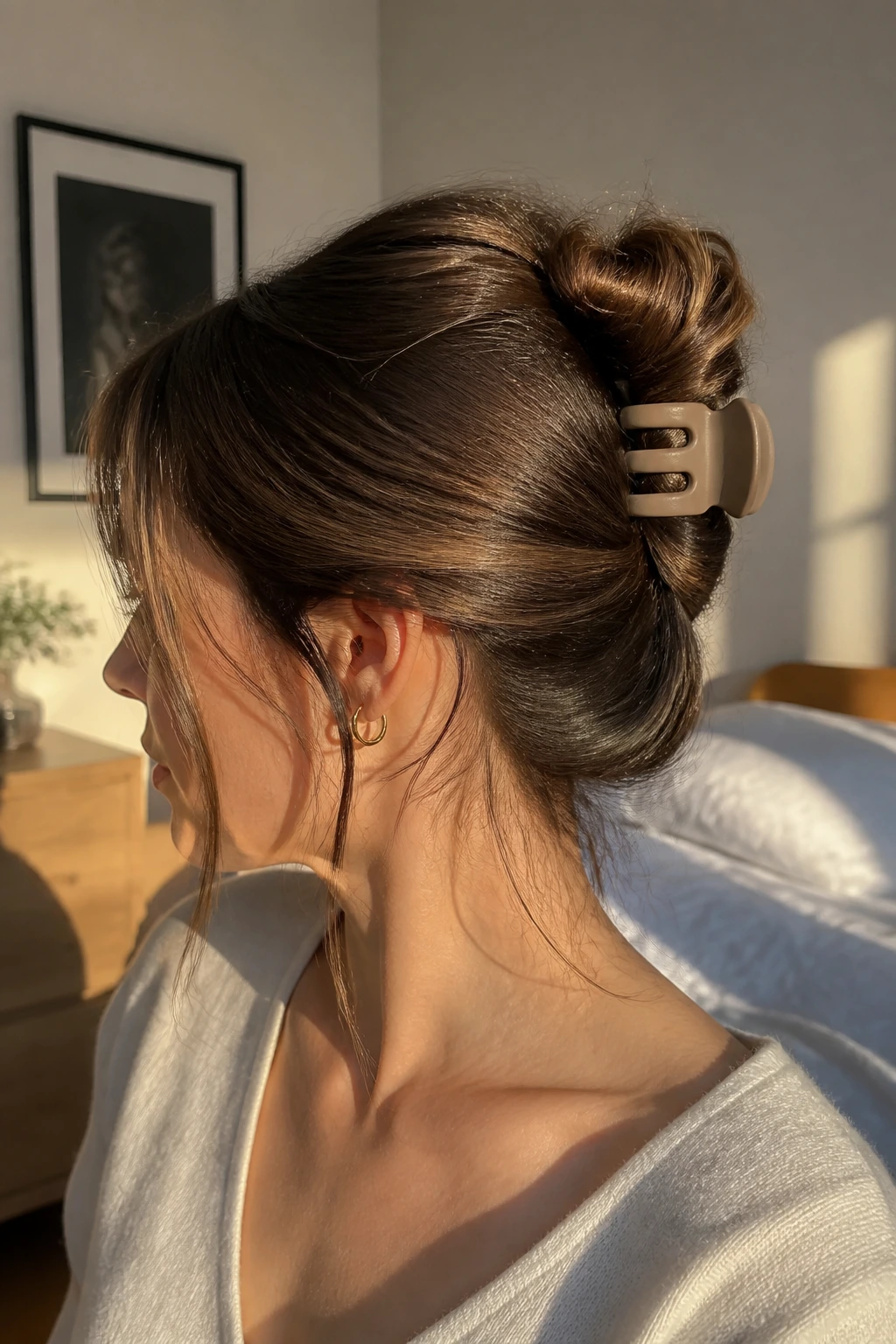 Real woman with twist hairstyle secured by a claw clip in warm daylight