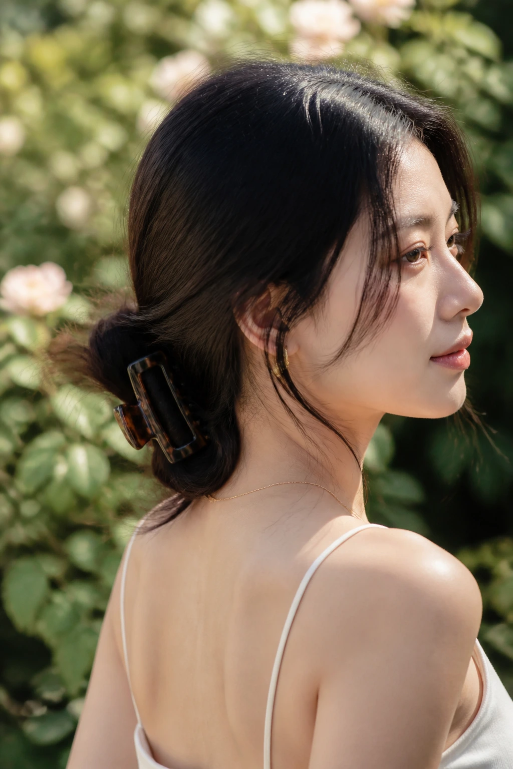 Close-up of real Asian woman with low-slung claw clip at the nape