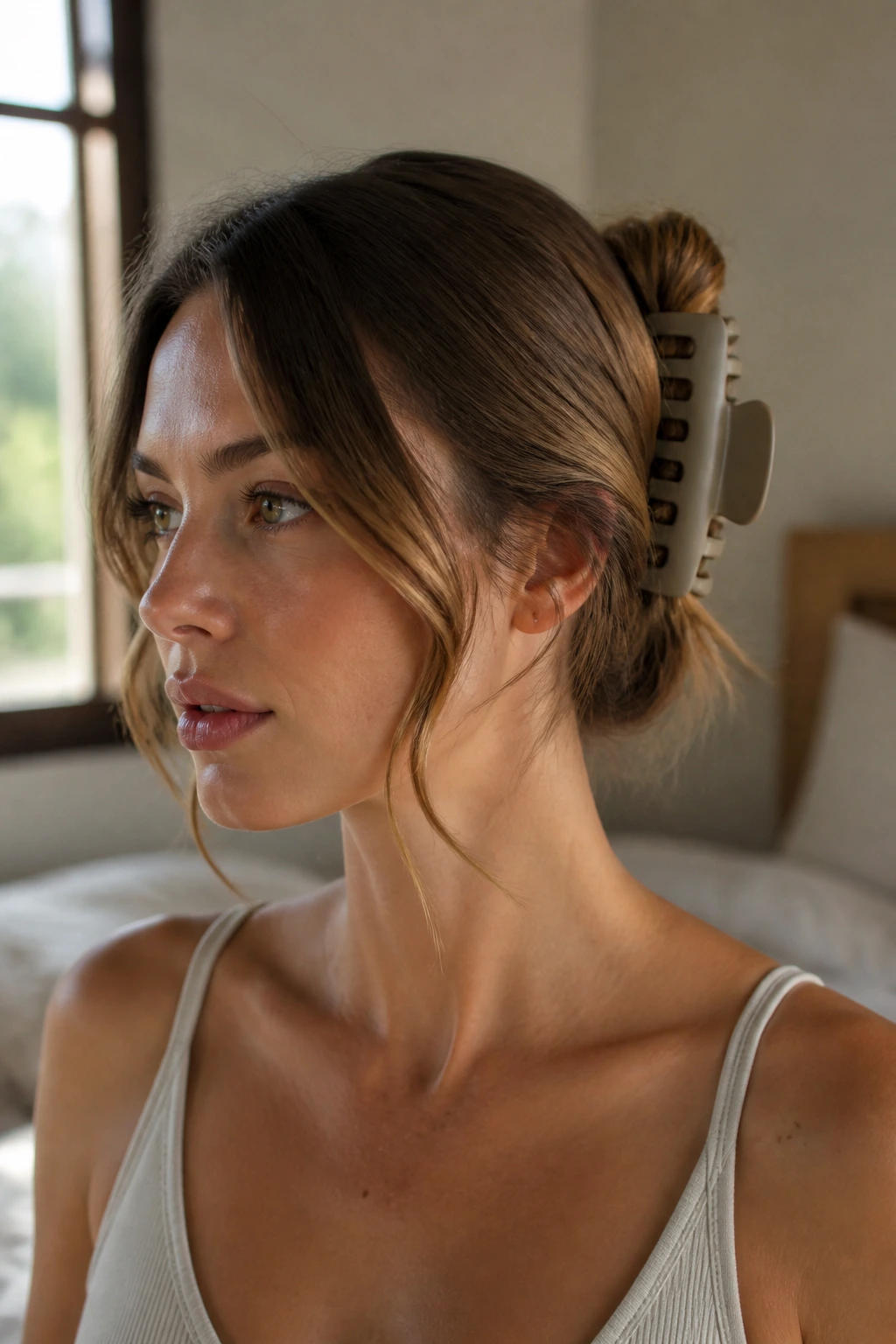Close-up portrait of a real person with The Minimalist Claw Clip showing a low twist and middle part