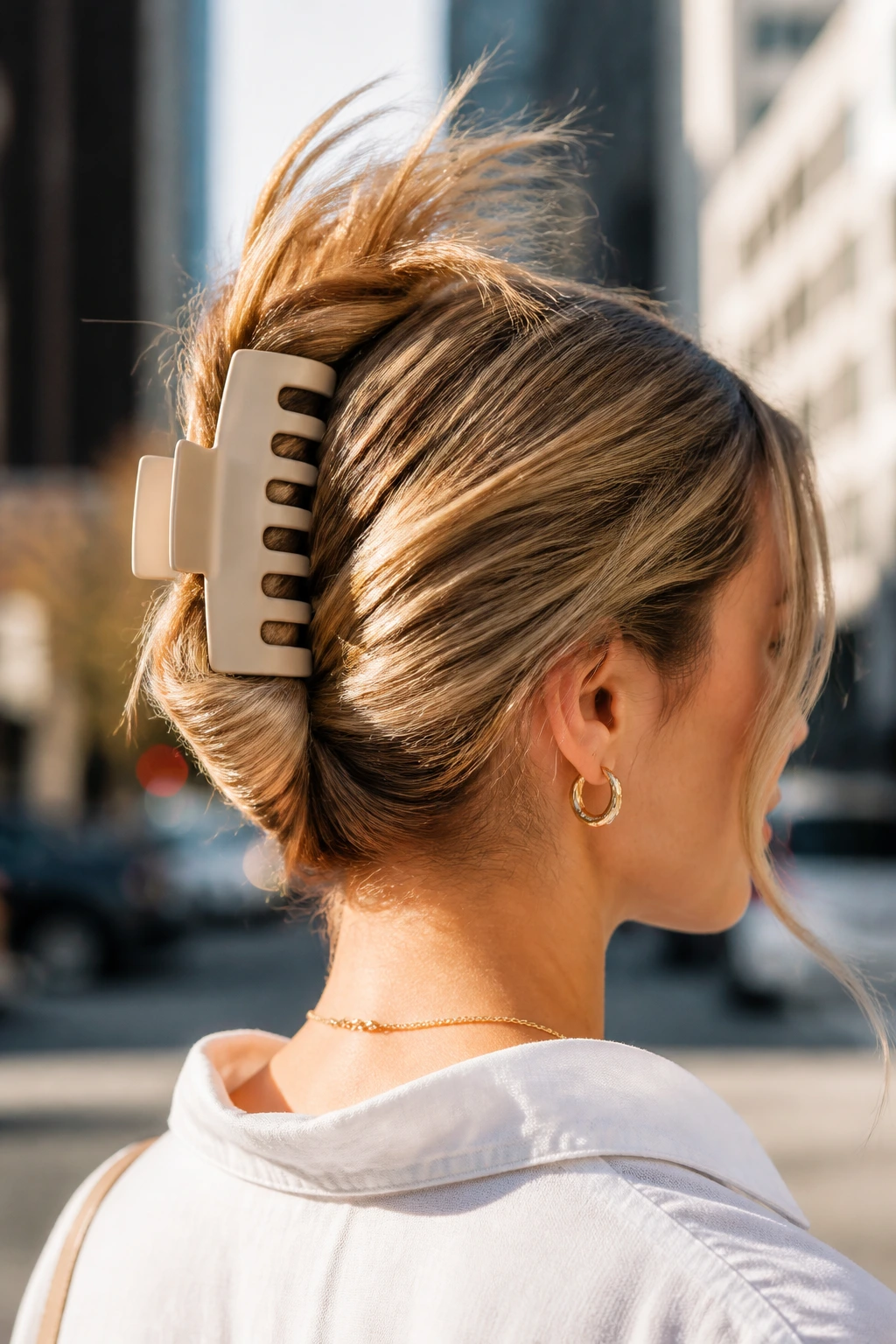 Close-up of a woman with a claw clip hairstyle on a city street