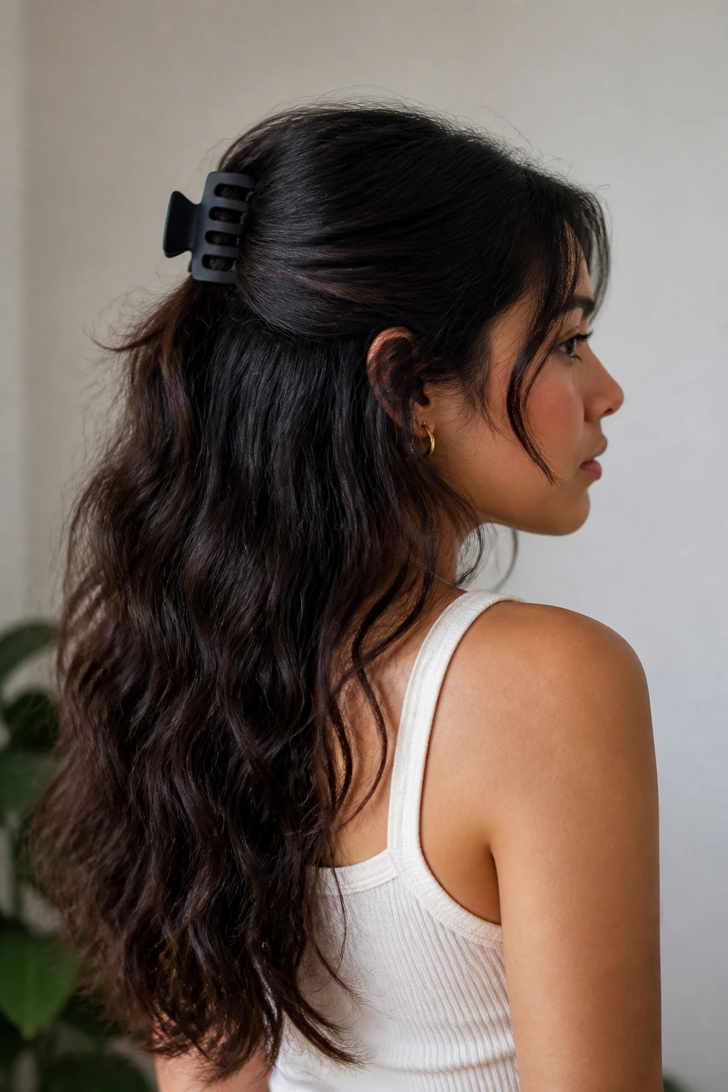 Real woman wearing a large matte claw clip in a half-up half-down style.