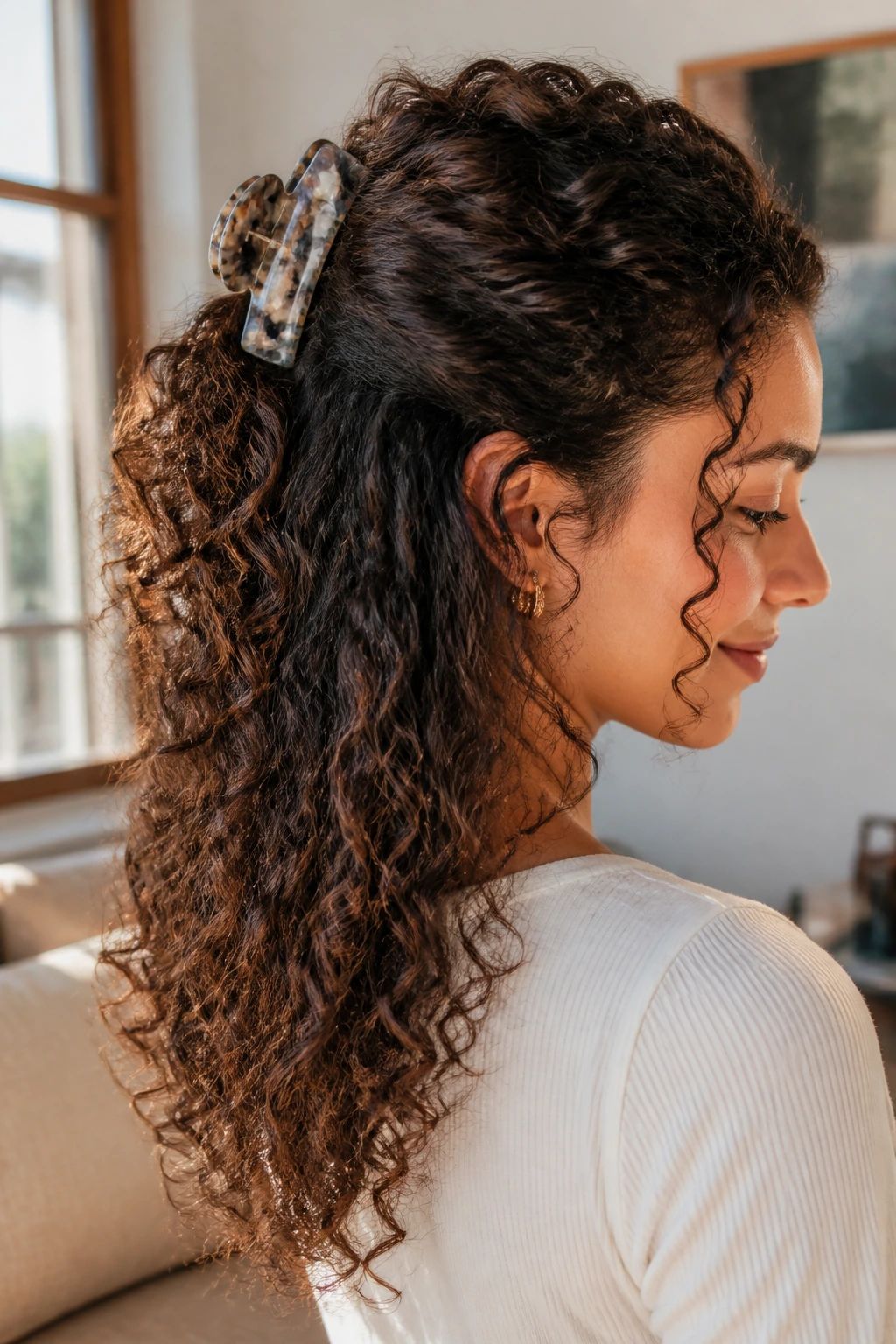 Close-up of a real woman with a decorative claw clip securing the half-up hairstyle.