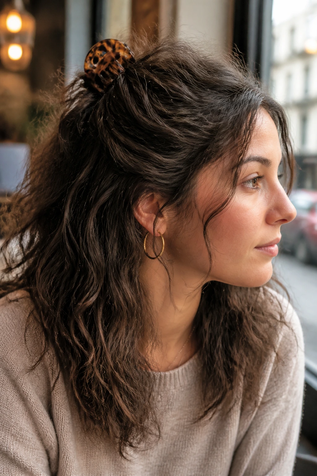Close-up of a real woman with half-up claw clip hairstyle in a cafe setting