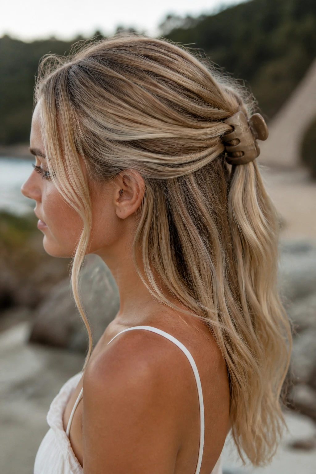 Close-up of a real woman's head with a half-up twist secured by a matte claw clip.