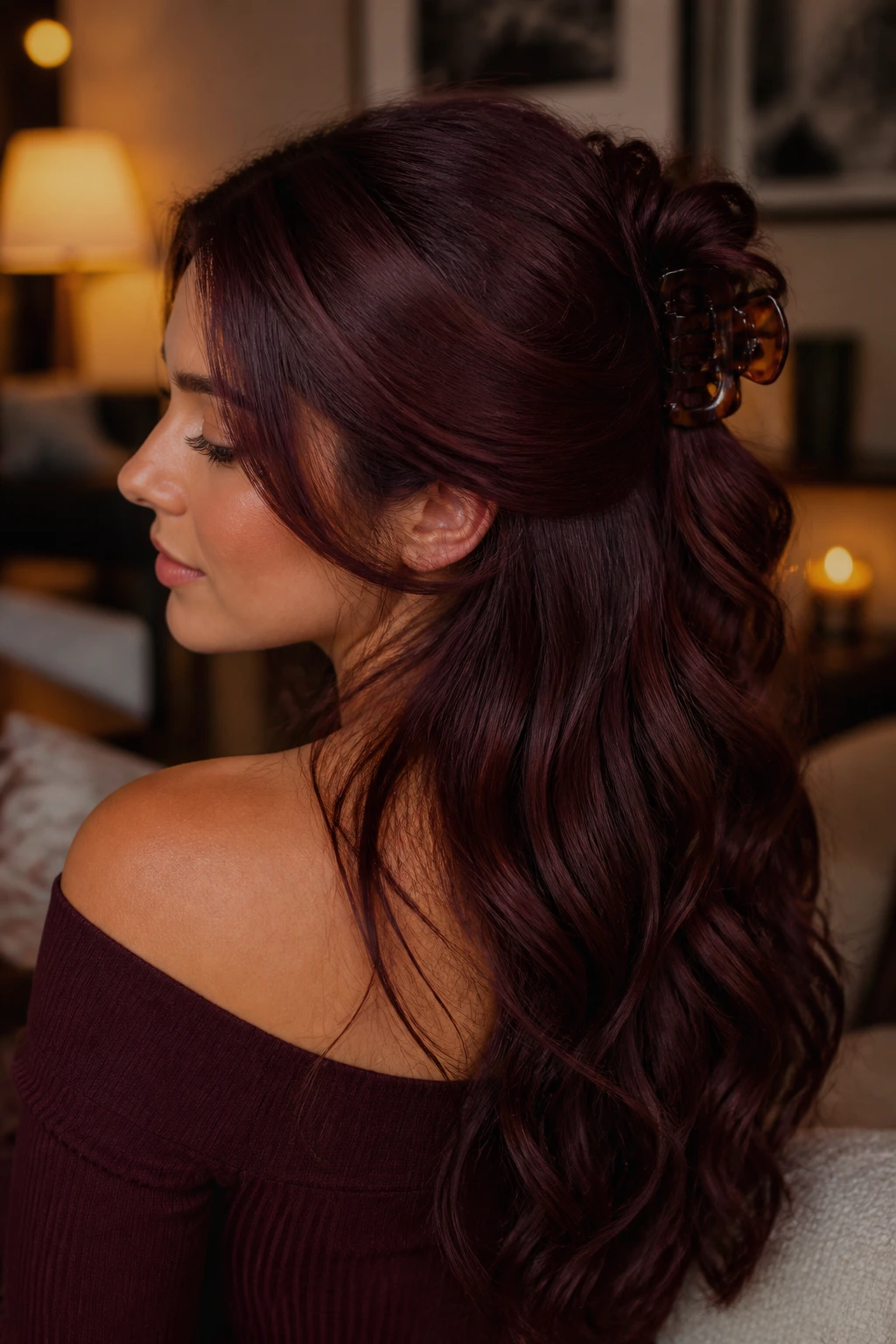 Close-up portrait of a real woman with a claw clip half-up hairstyle in maroon hair