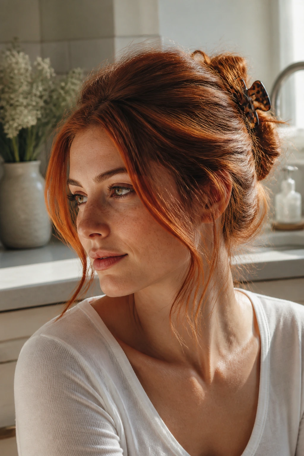 Close-up of a real person with red halo front strands pinned back with a claw clip