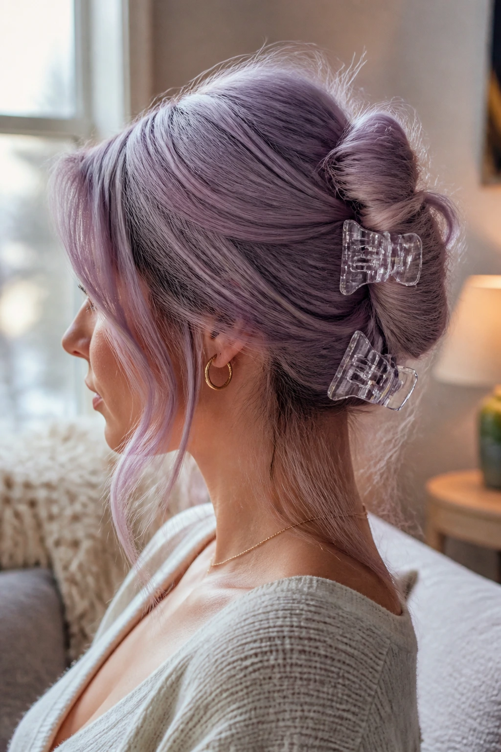 Close-up of real person with back-twisted hair secured by claw clips on lilac hair